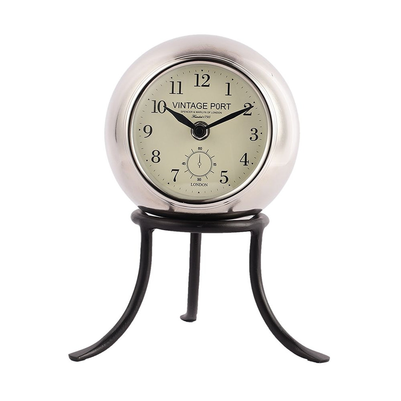 Seated Sphere Table Clock in Silver & Black Colour