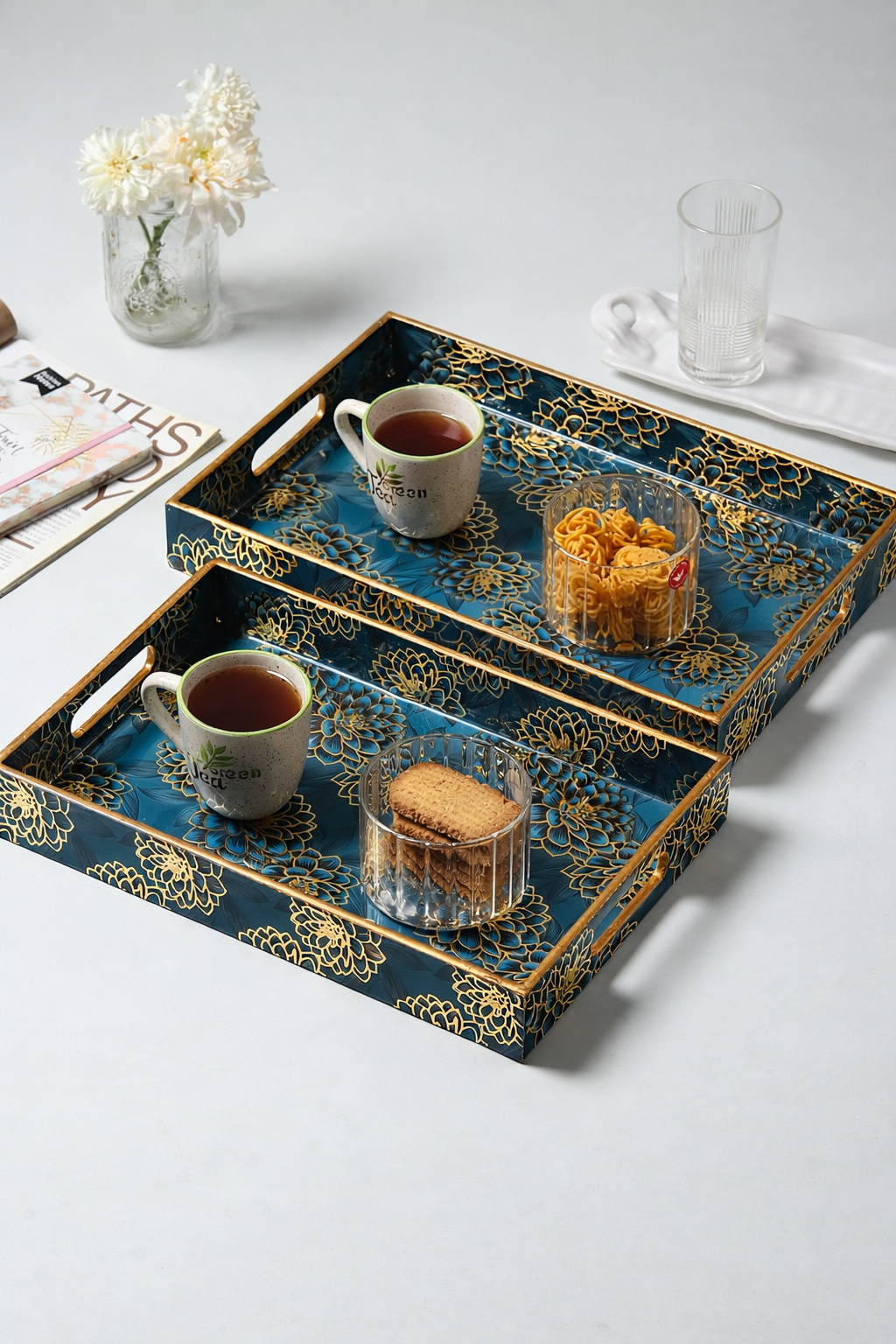 Ivory Noir Bloom Tray in Dark Blue Set of 2
