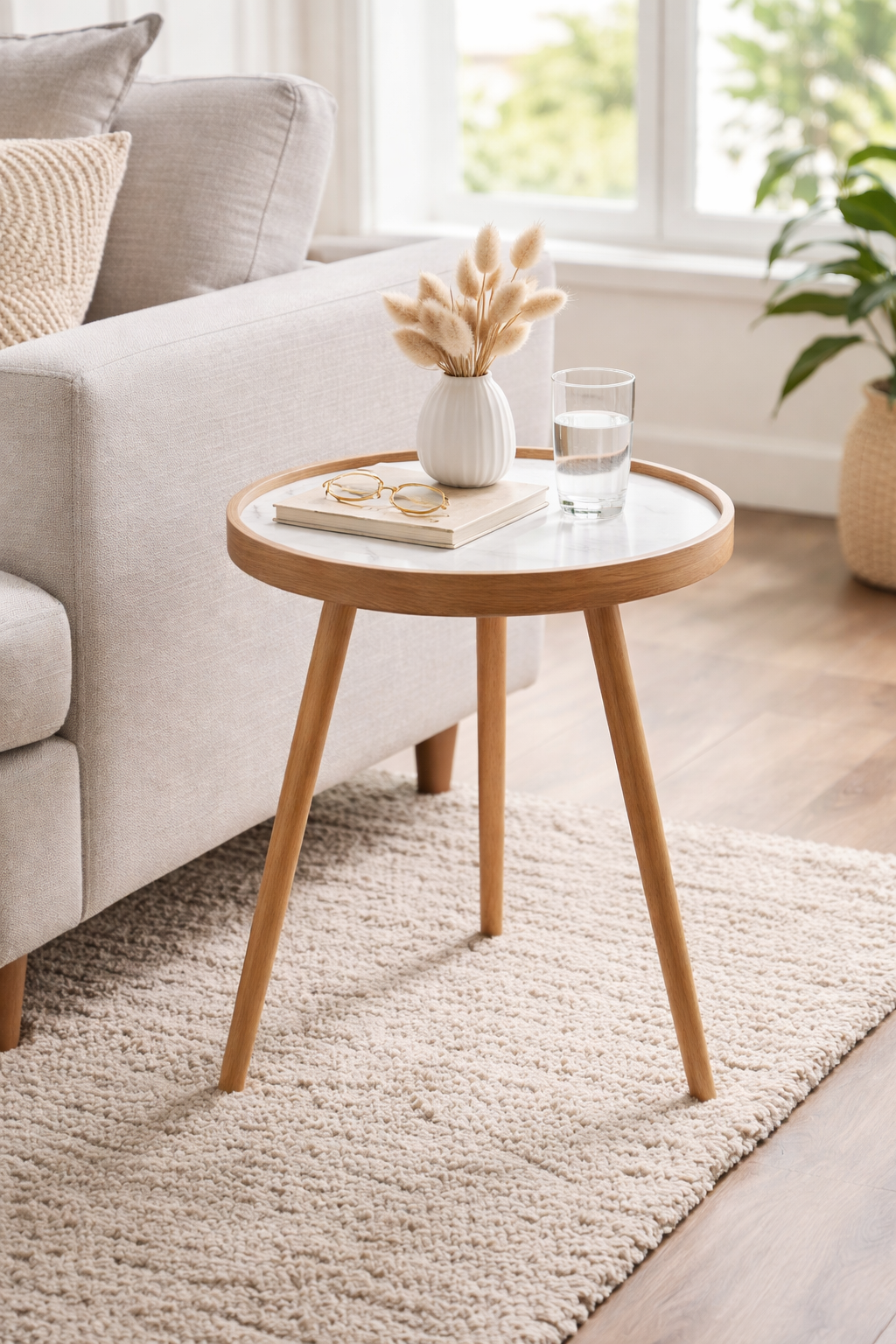 Small round wooden table with a vase of dried flowers and a glass on a rug in a living room.