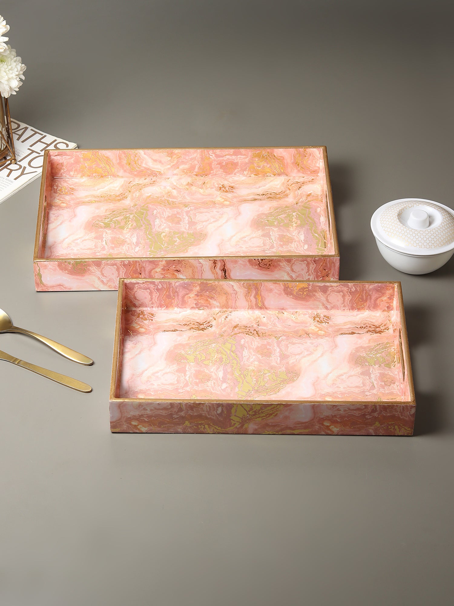 Ivory Noir Bloom Tray in Pink Set of 2