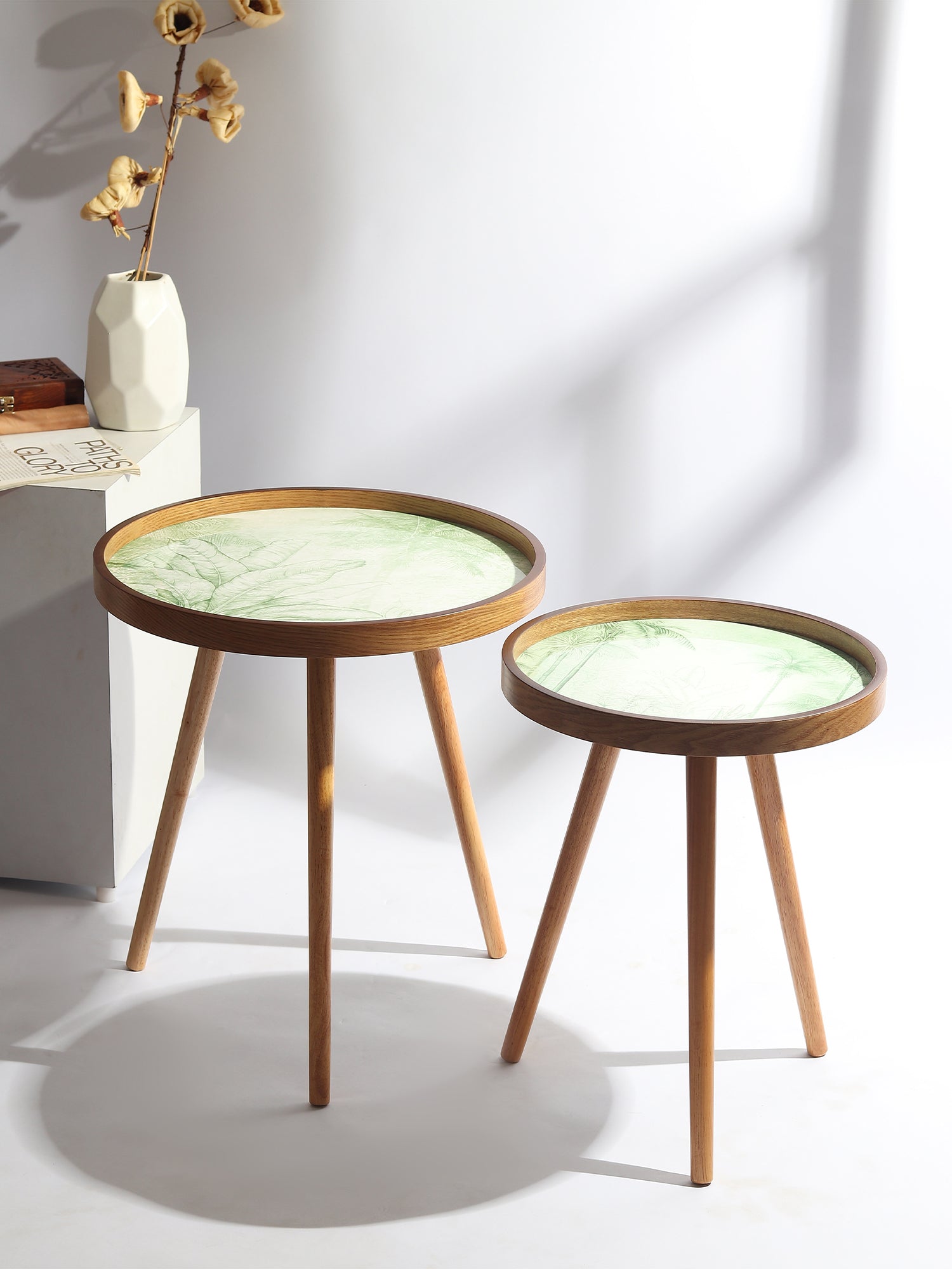 Round Wooden Side Table Set of 2