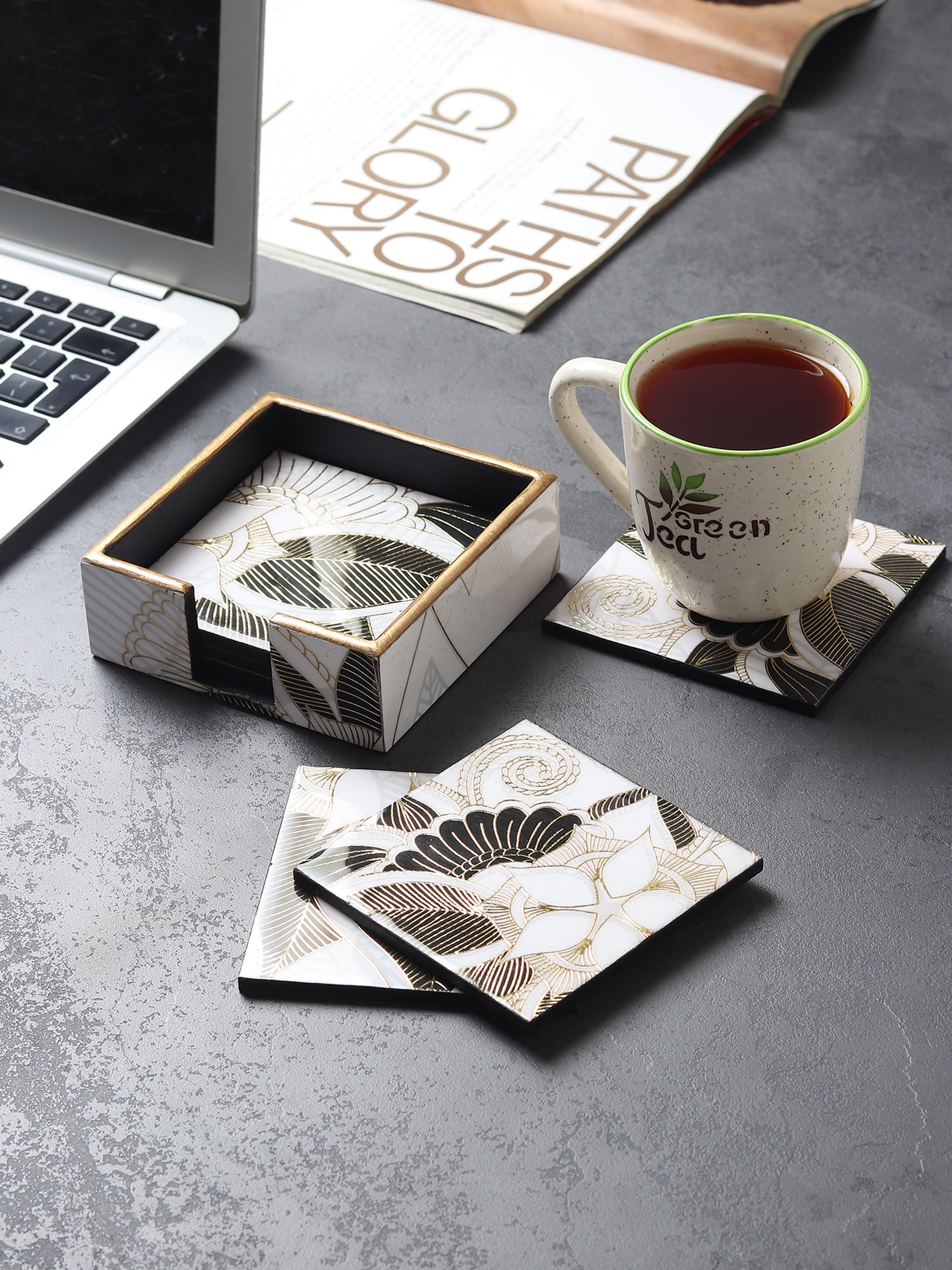 Ivory Noir Bloom Wooden Coaster with Stand (Set of 6)