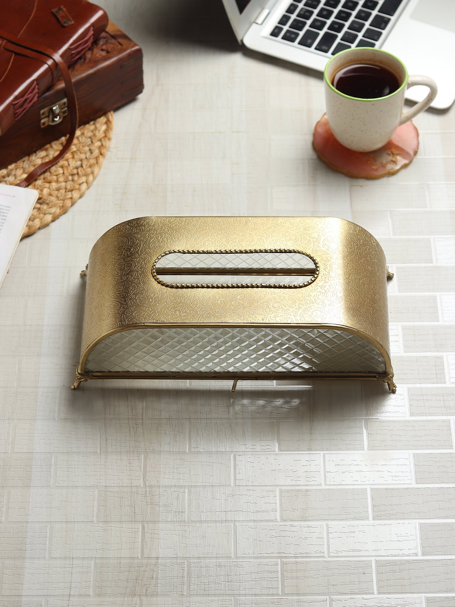 Sleek Slant Diamond Crystal Tissue Holder Gold