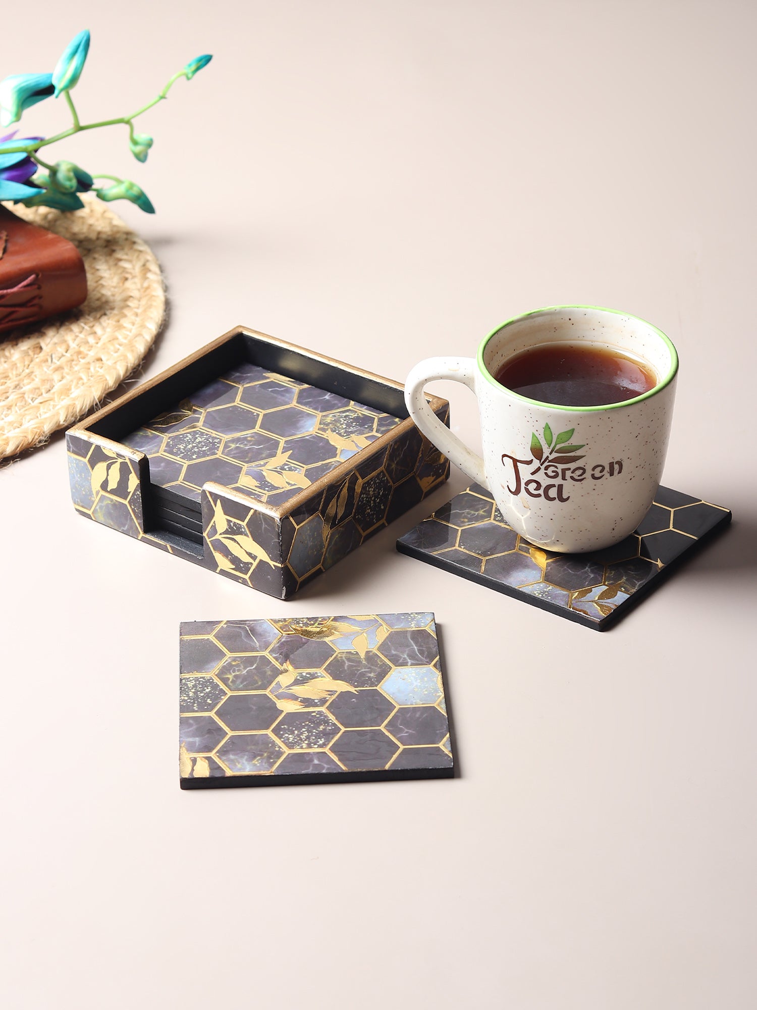 Gilded Hive Wooden Coaster with Stand Set of 6