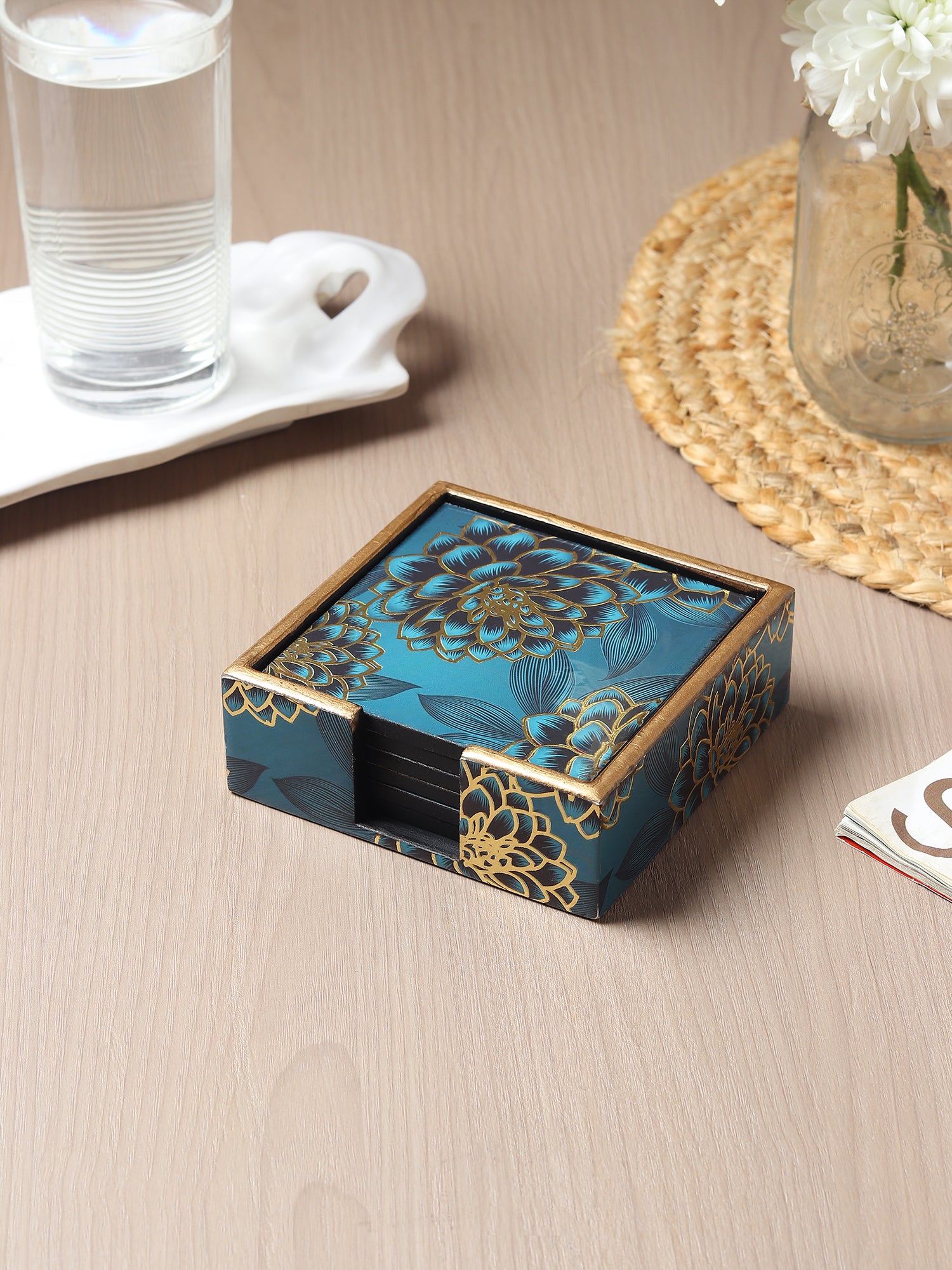Sapphire Wreath Wooden Coaster with Stand (Set of 6)