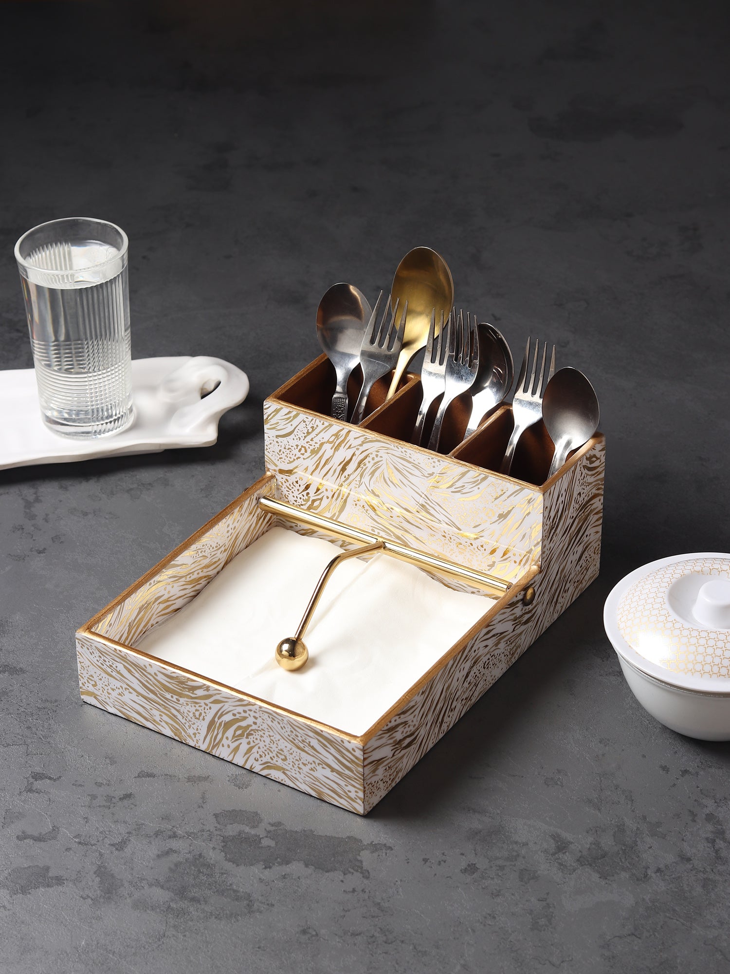 Zivra Gold Cutlery and Tissue Holder