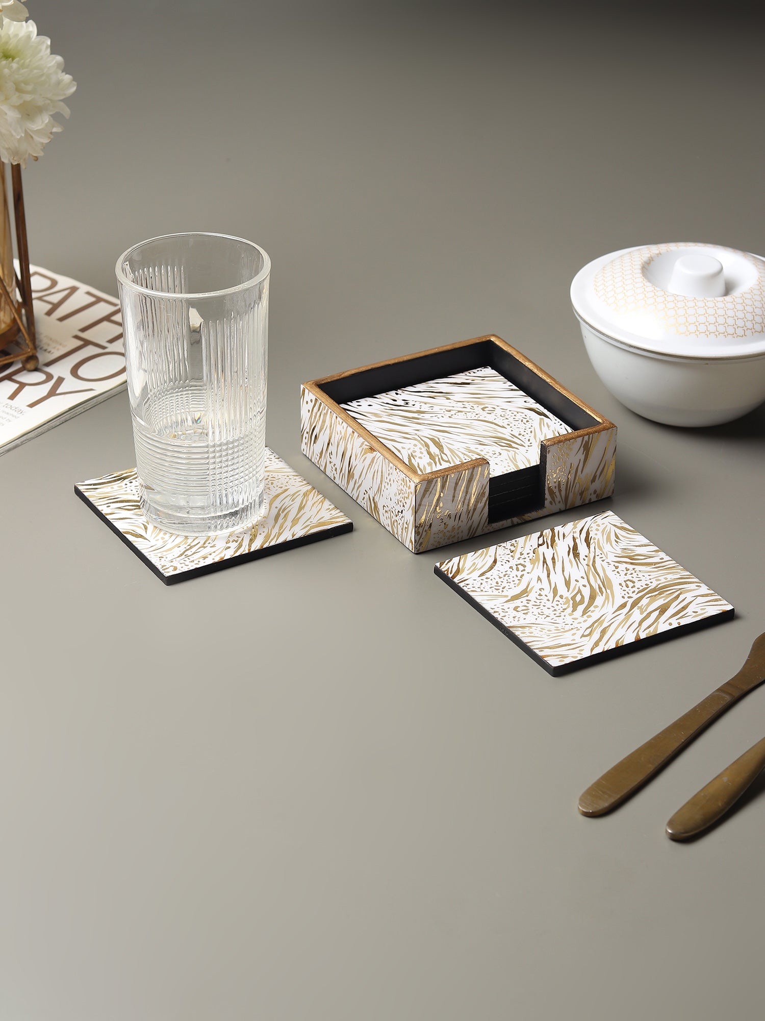 Zivra Gold Wooden Coaster with Stand (Set of 6)