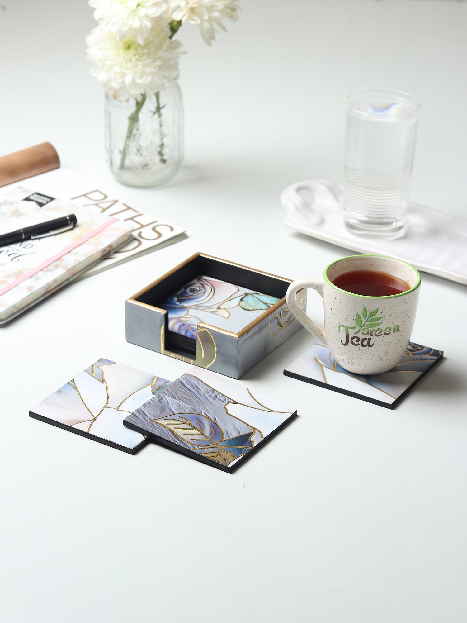 Azure Whisper Wooden Coaster with Stand (Set of 6)