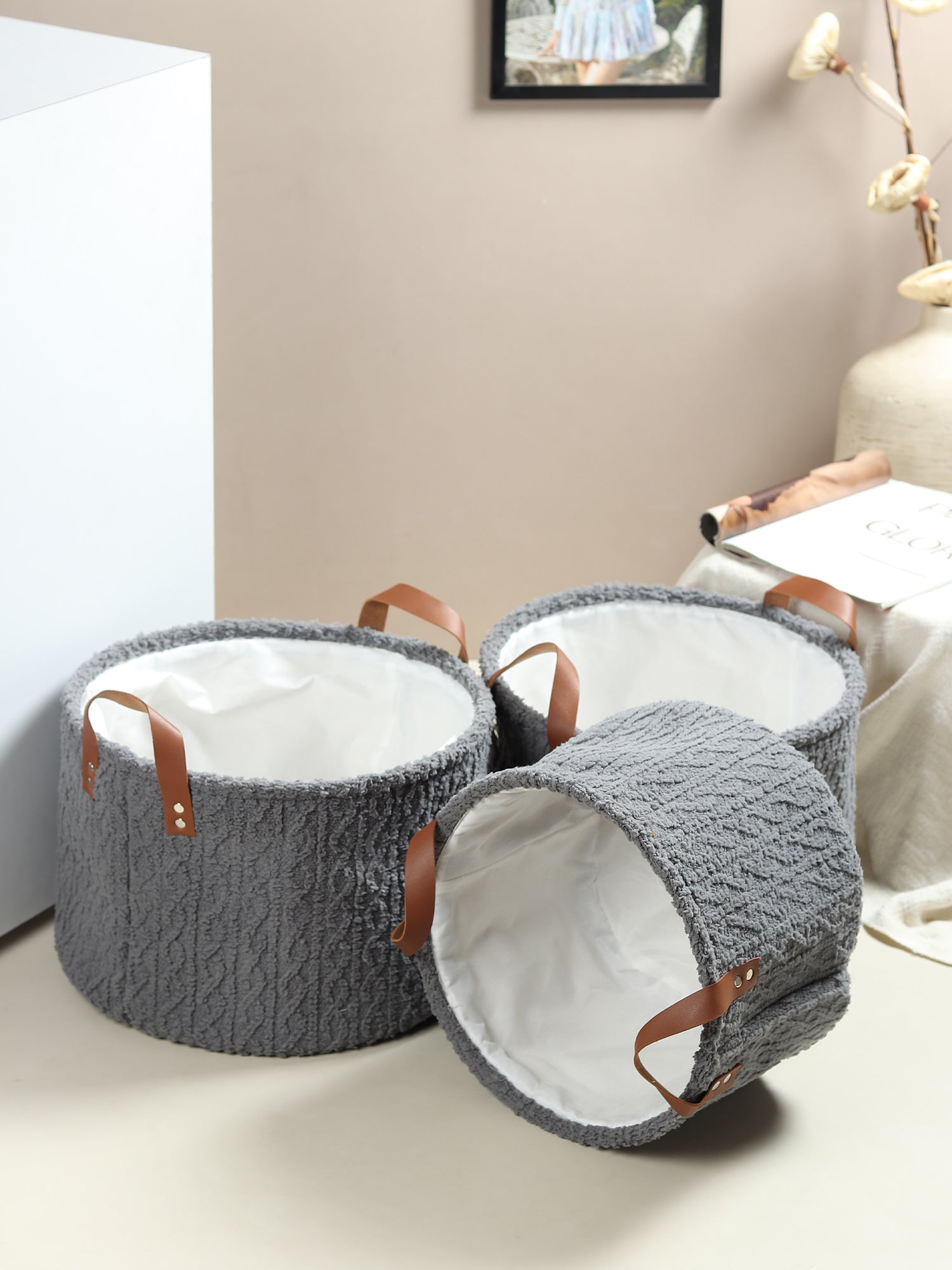 Leni Ash Grey fabric Storage Basket set of 3