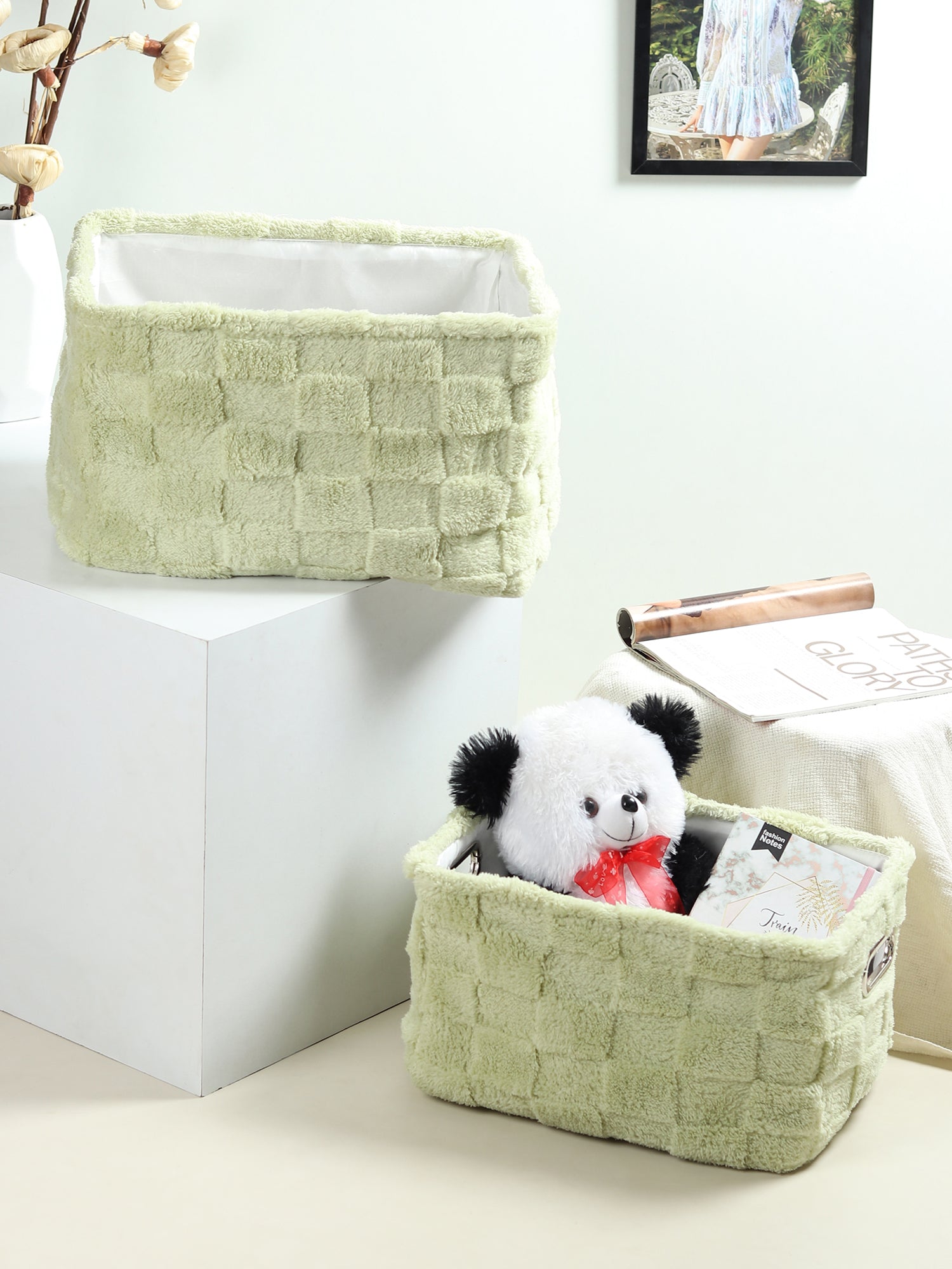 Soft Grid Plush fabric Storage Basket Sage green Set of 2