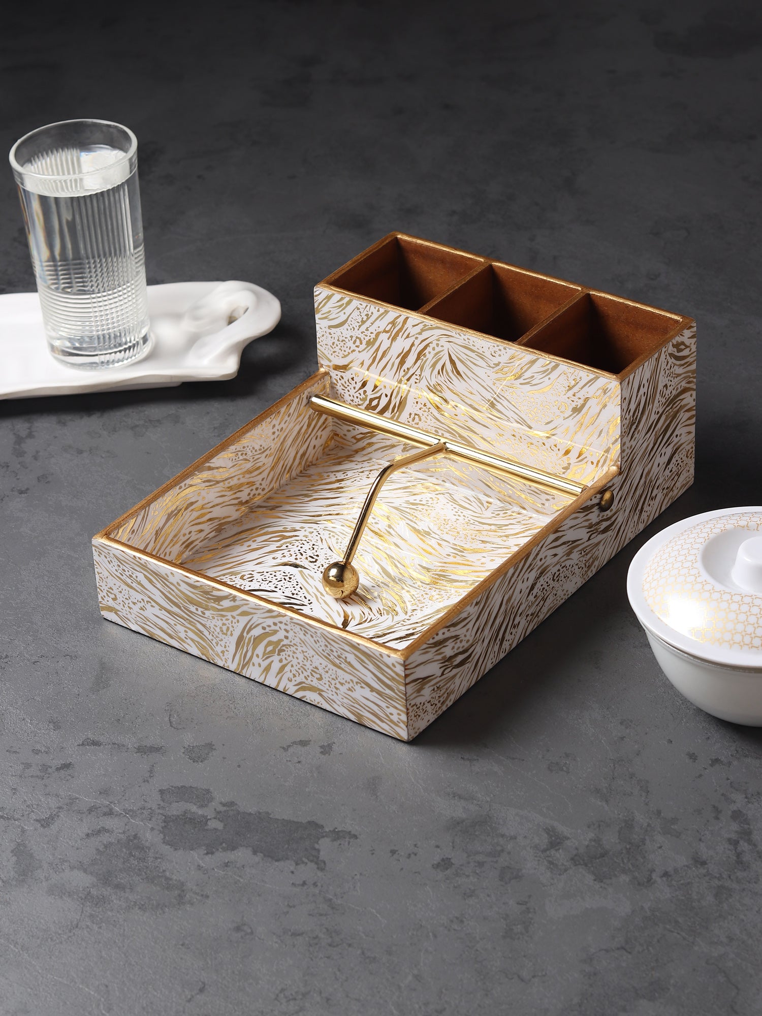 Zivra Gold Cutlery and Tissue Holder