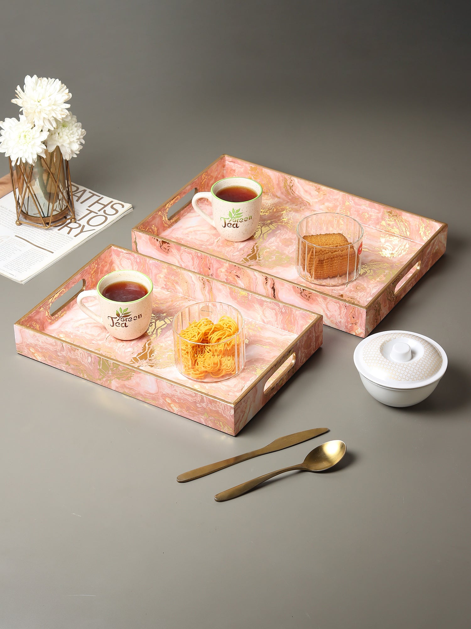 Ivory Noir Bloom Tray in Pink Set of 2