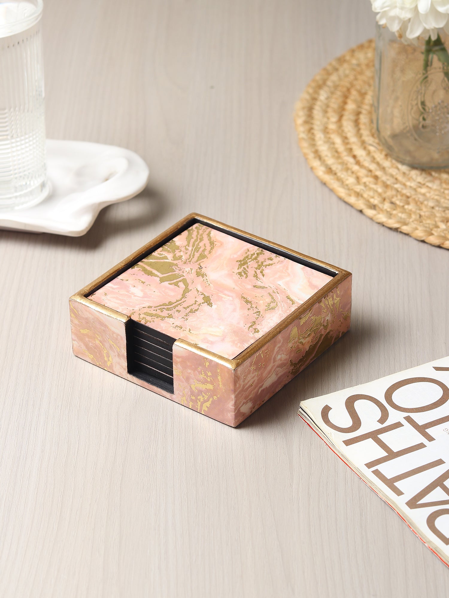 Rosa Perlino Wooden Coaster with Stand Set of 6