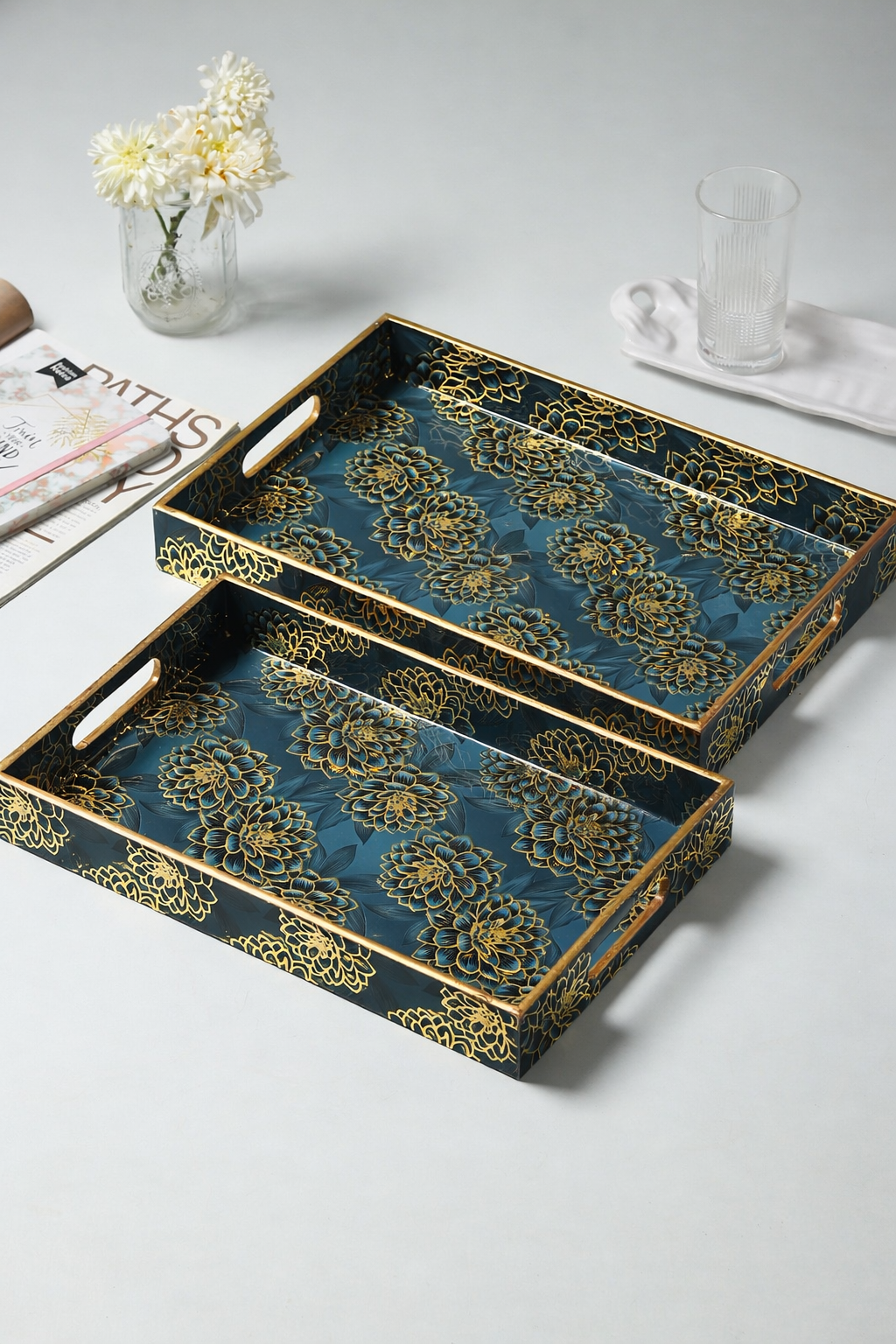 Ivory Noir Bloom Tray in Dark Blue Set of 2