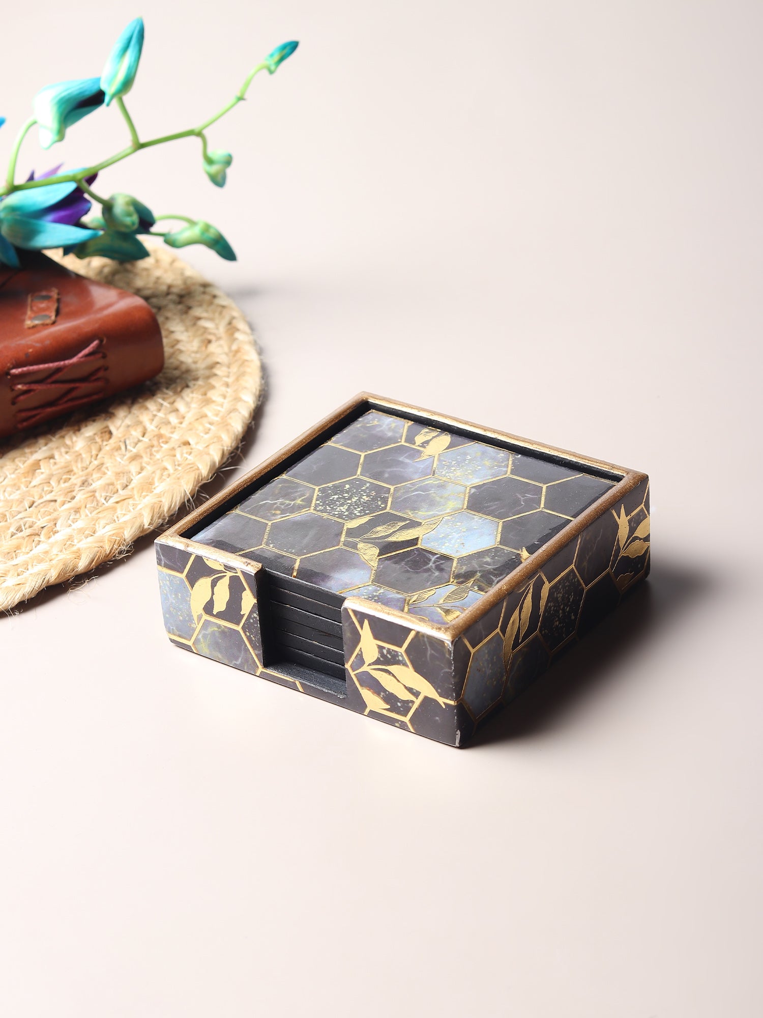 Gilded Hive Wooden Coaster with Stand Set of 6