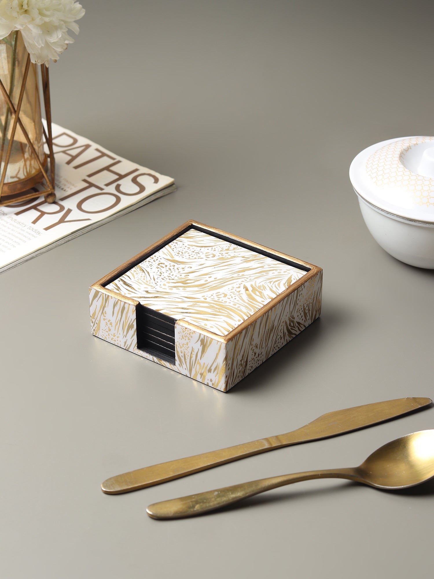 Zivra Gold Wooden Coaster with Stand (Set of 6)