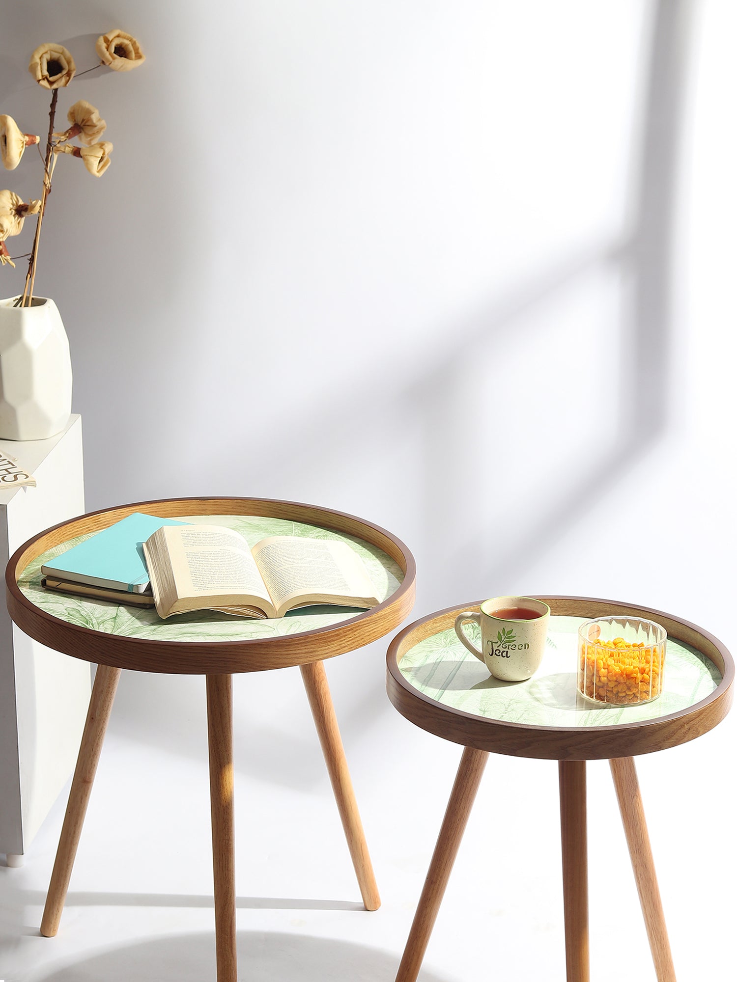 Round Wooden Side Table Set of 2