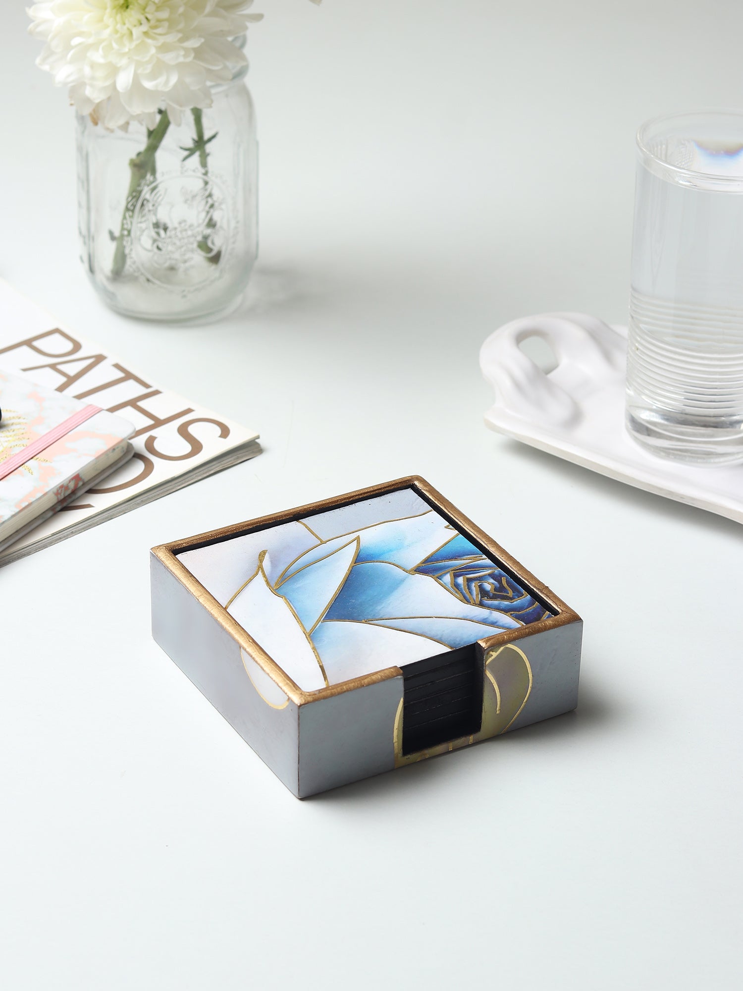 Azure Whisper Wooden Coaster with Stand (Set of 6)