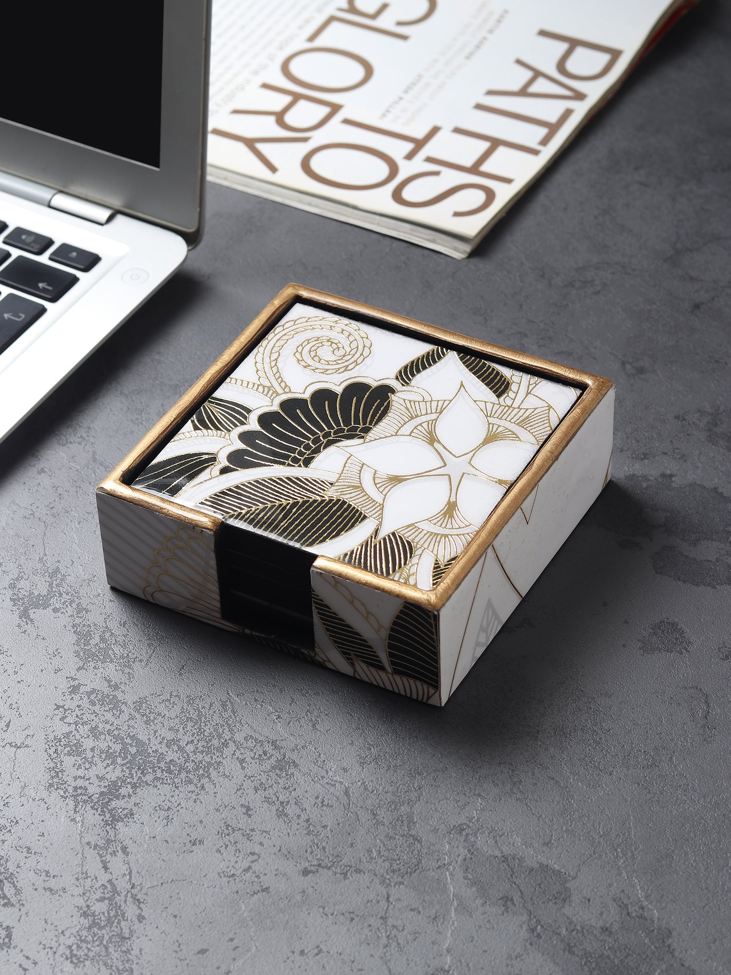 Ivory Noir Bloom Wooden Coaster with Stand (Set of 6)