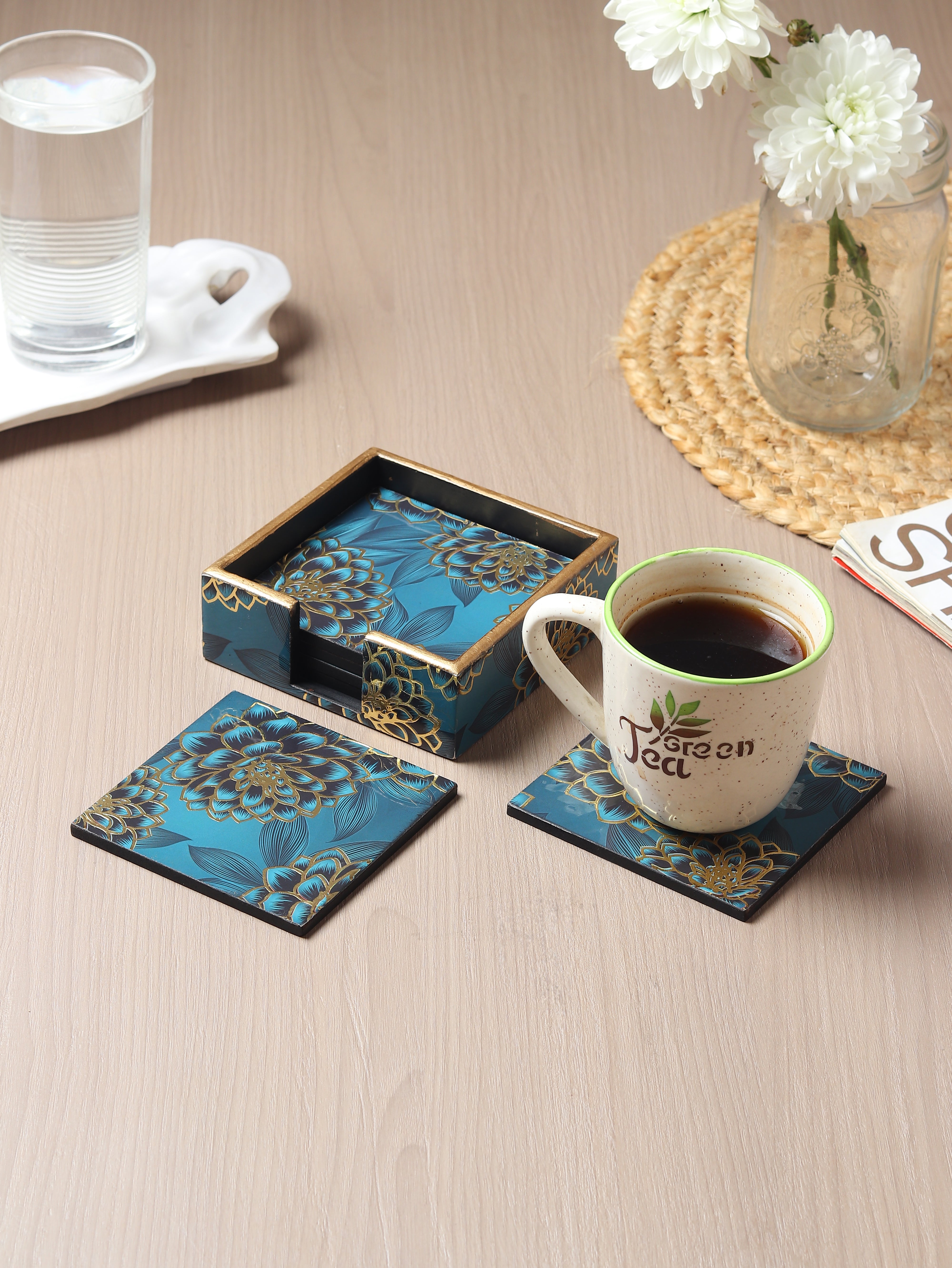 Sapphire Wreath Wooden Coaster with Stand (Set of 6)