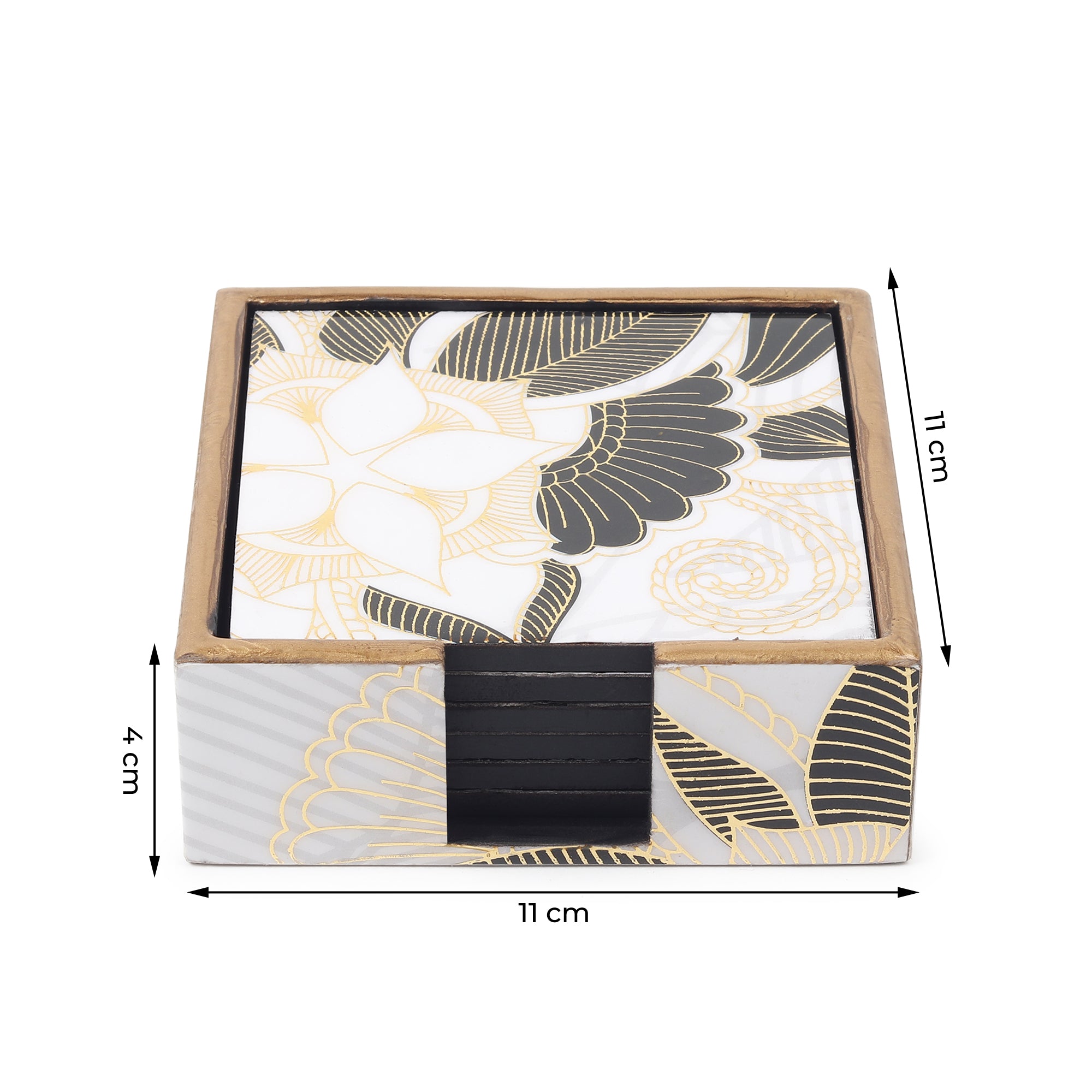 Ivory Noir Bloom Wooden Coaster with Stand (Set of 6)