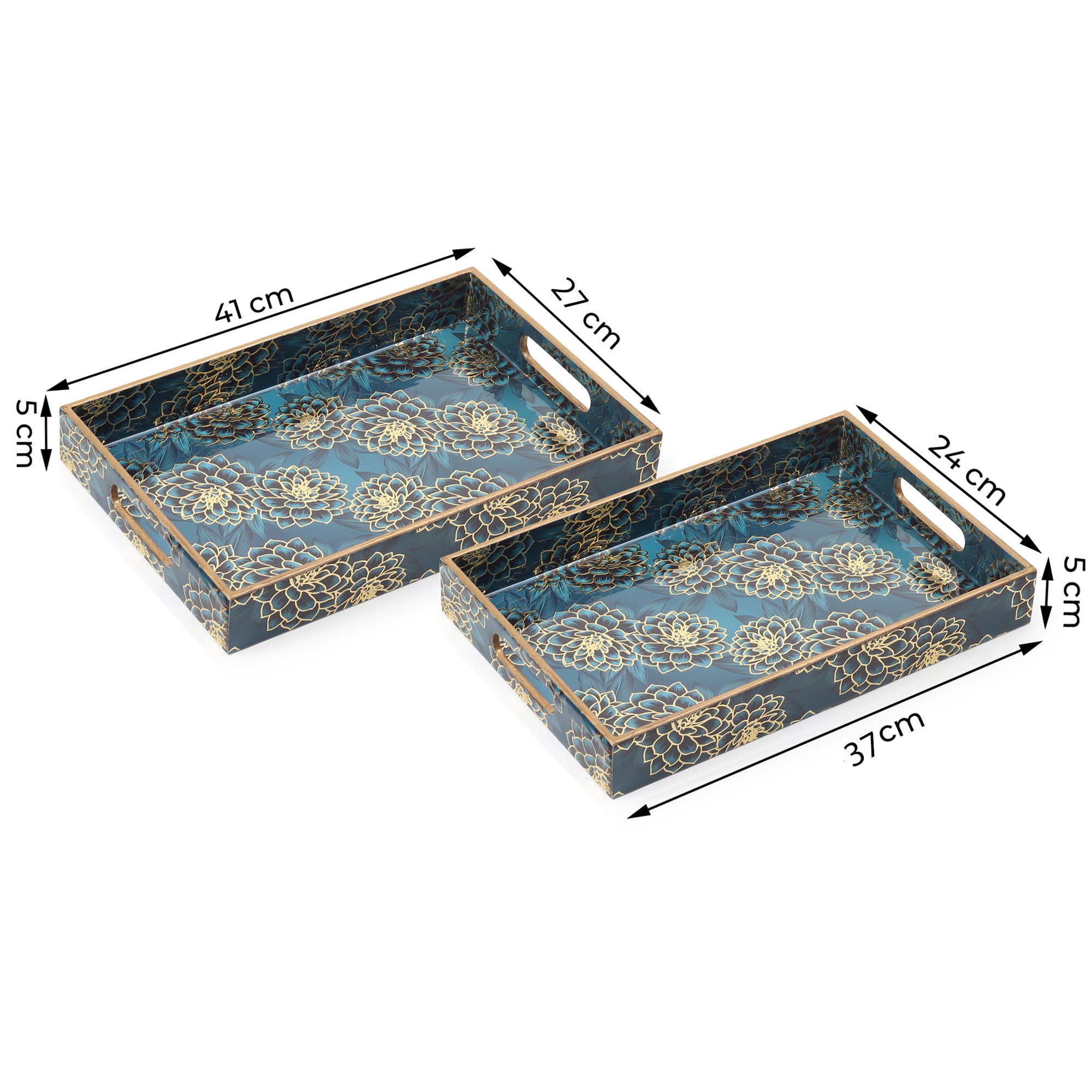 Ivory Noir Bloom Tray in Dark Blue Set of 2