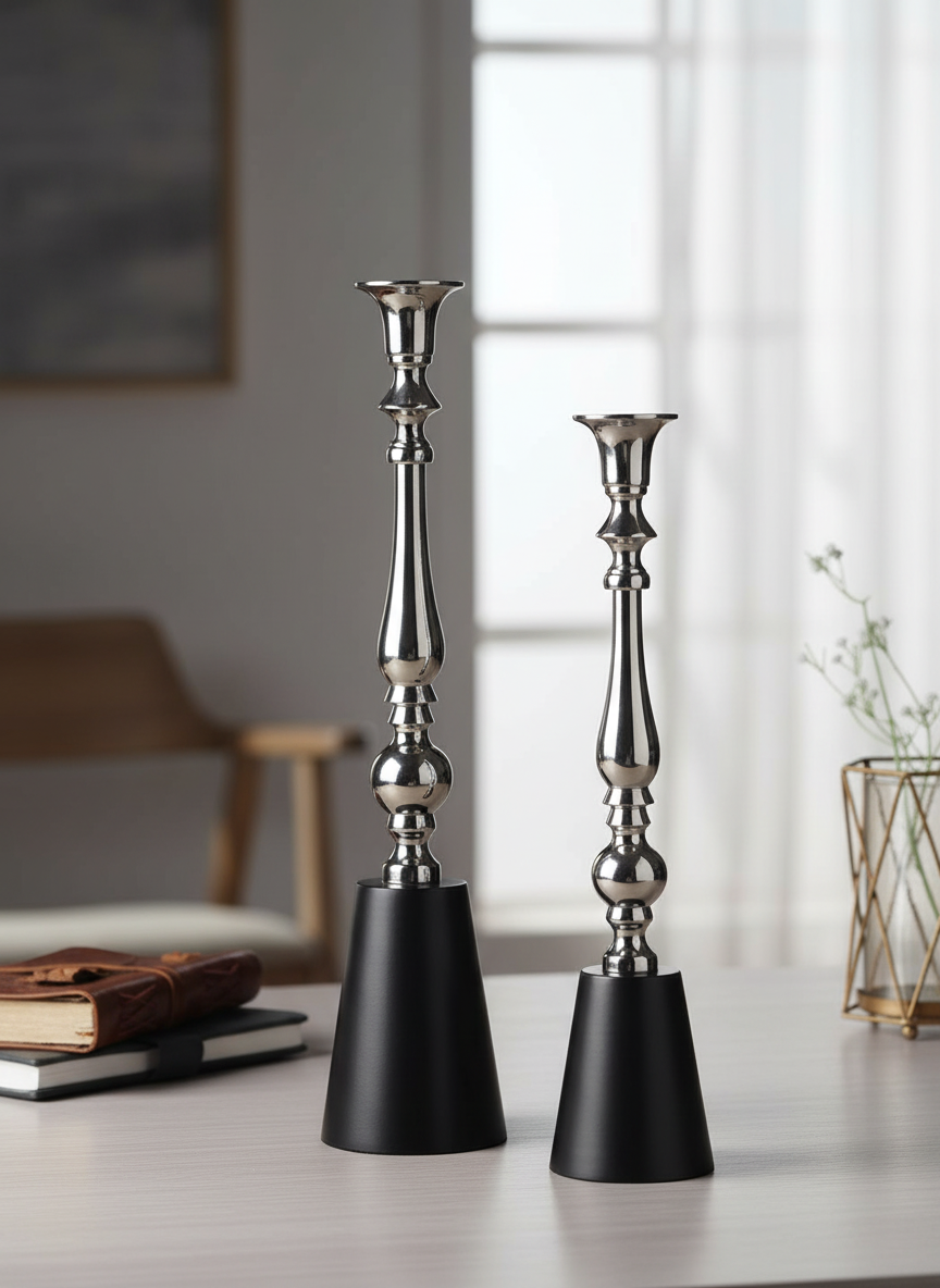 The Valora Candle Holders Silver Black Set