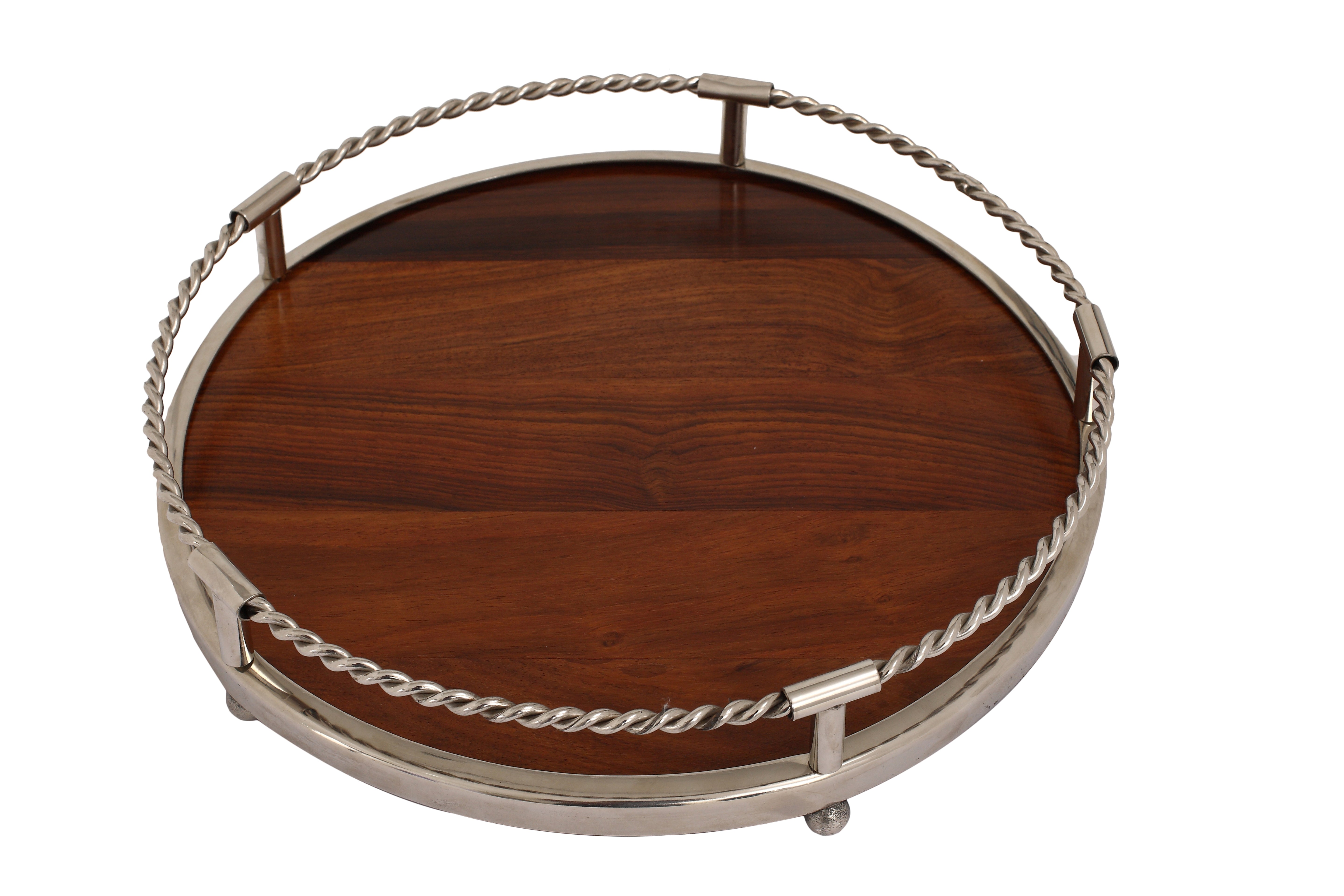 Brown Wood & Aluminium  Round Sheesham  Serving Tray