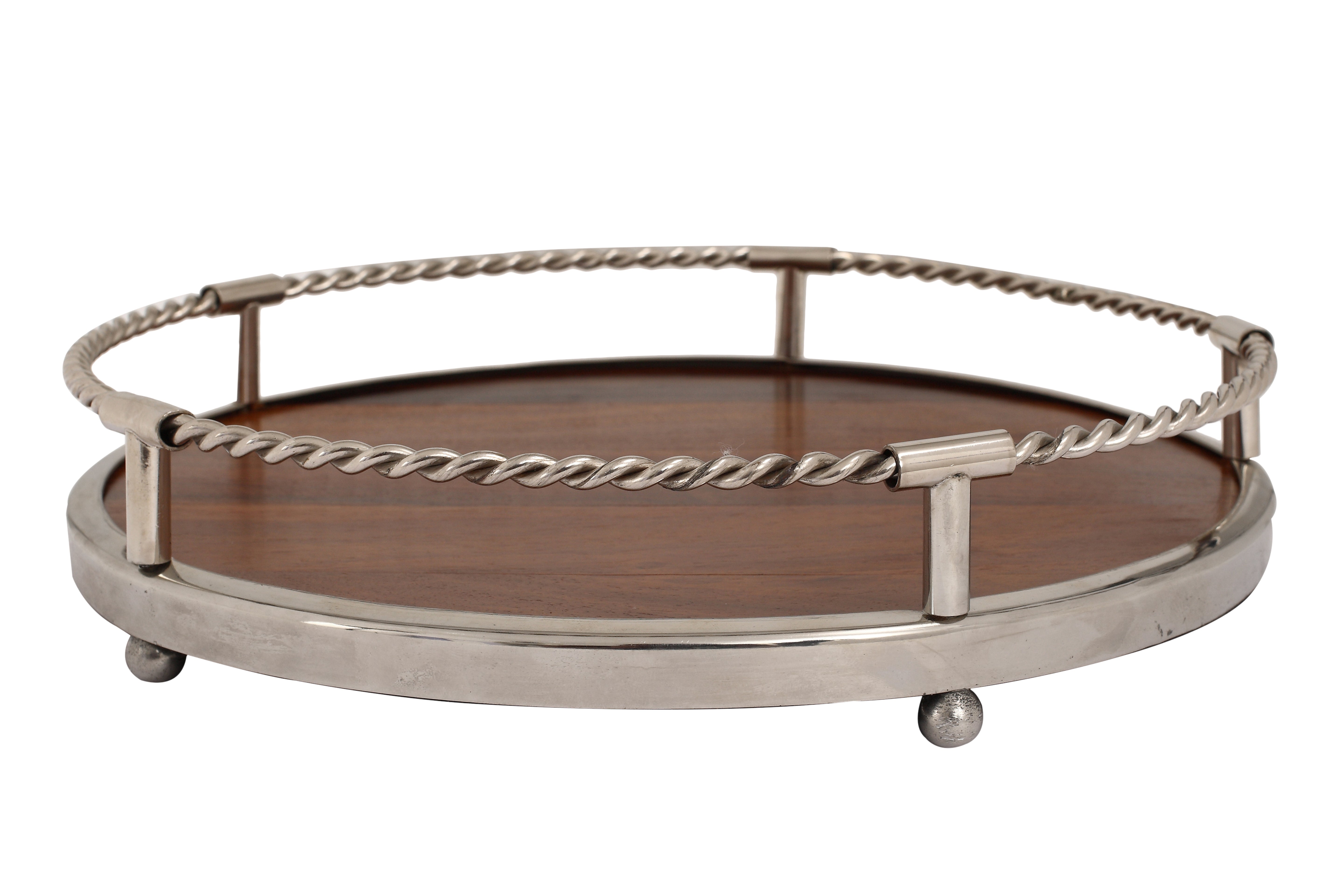 Brown Wood & Aluminium  Round Sheesham  Serving Tray