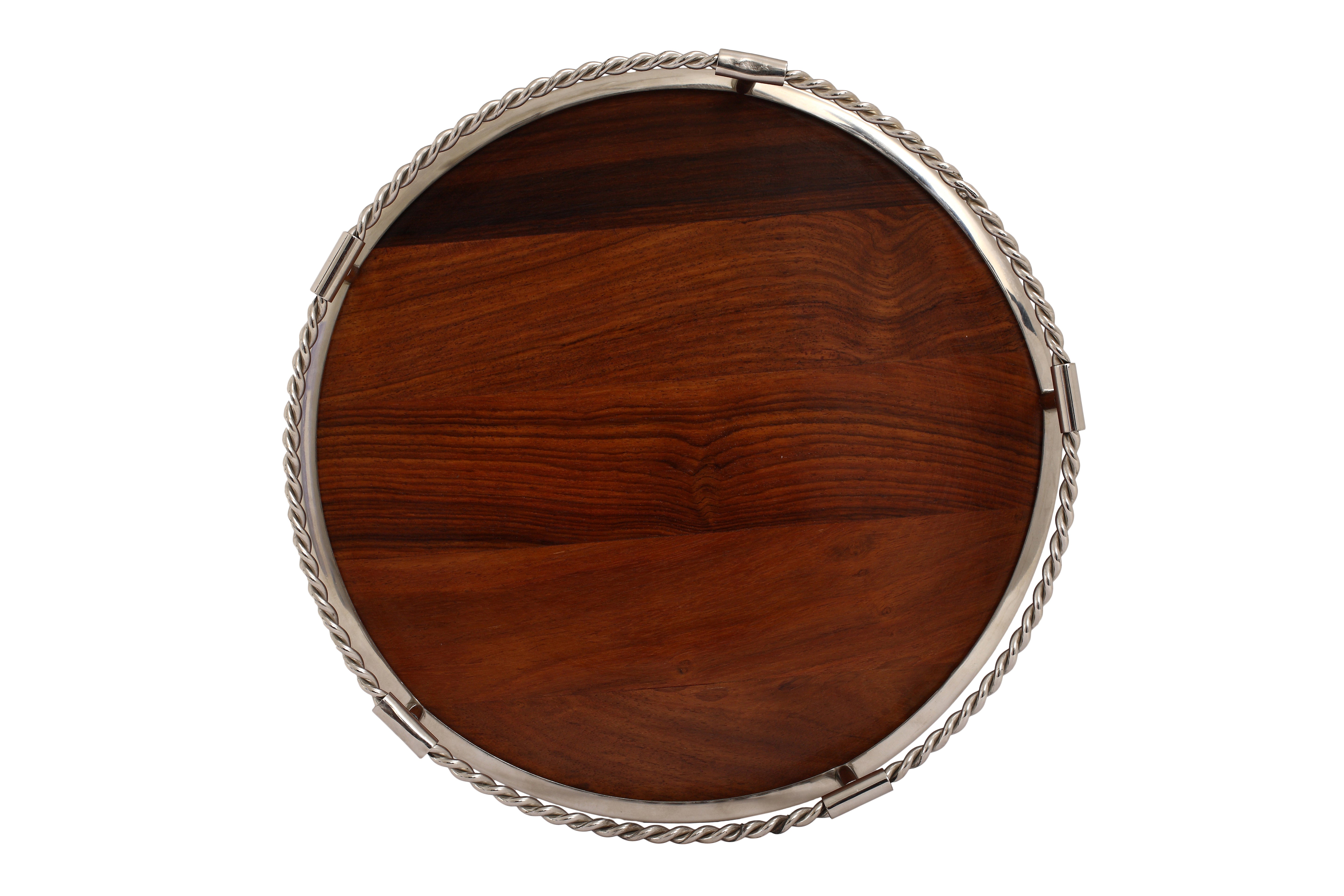 Brown Wood & Aluminium  Round Sheesham  Serving Tray
