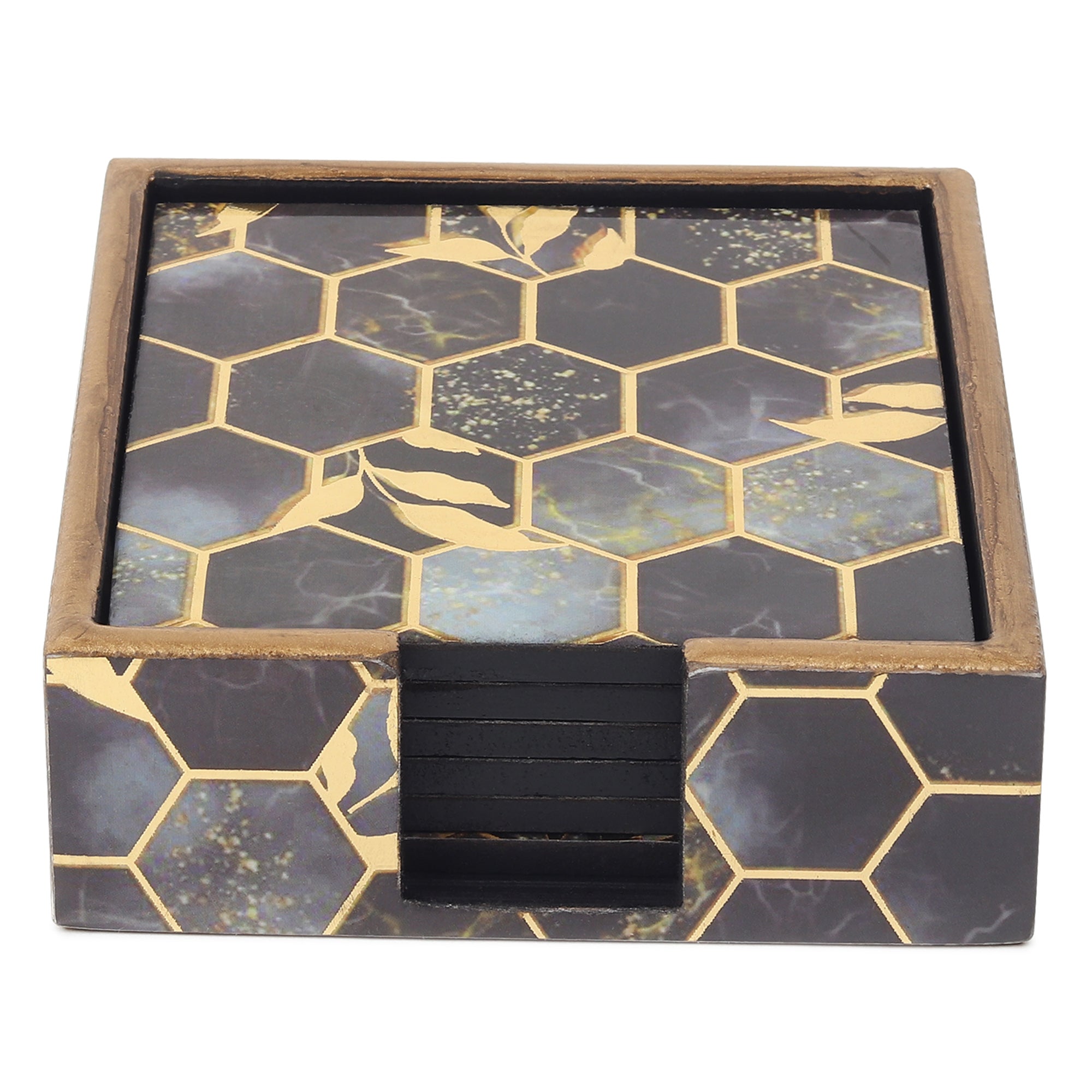 Gilded Hive Wooden Coaster with Stand Set of 6