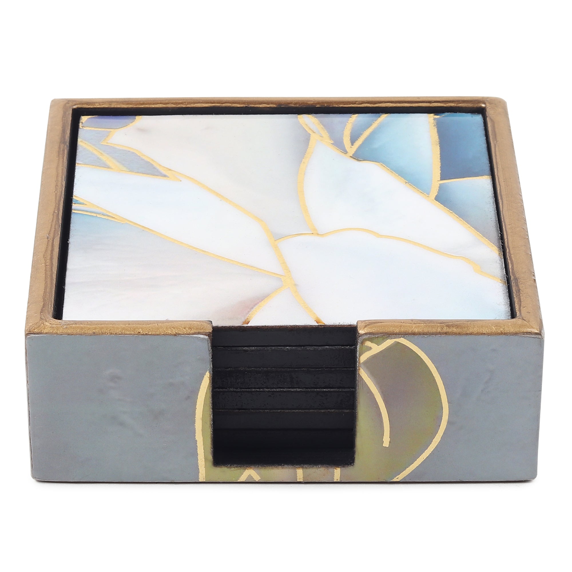 Azure Whisper Wooden Coaster with Stand (Set of 6)
