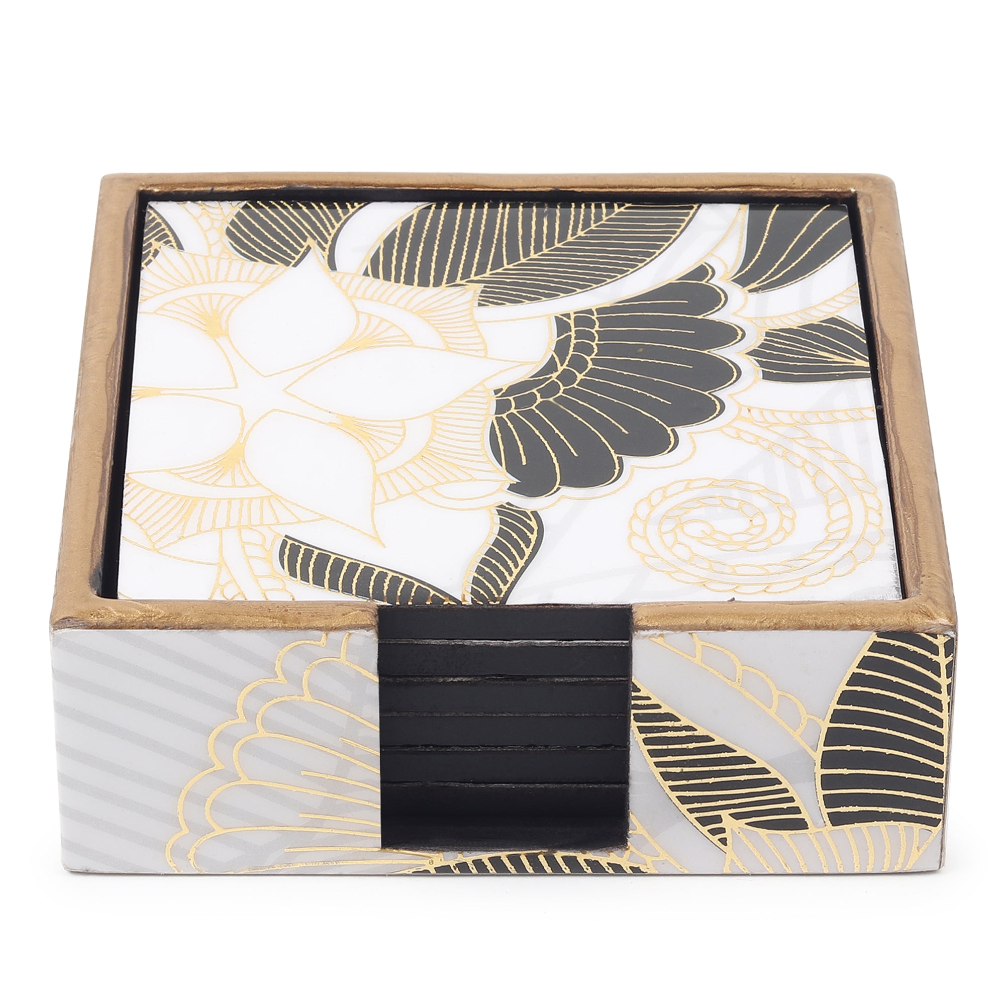 Ivory Noir Bloom Wooden Coaster with Stand (Set of 6)