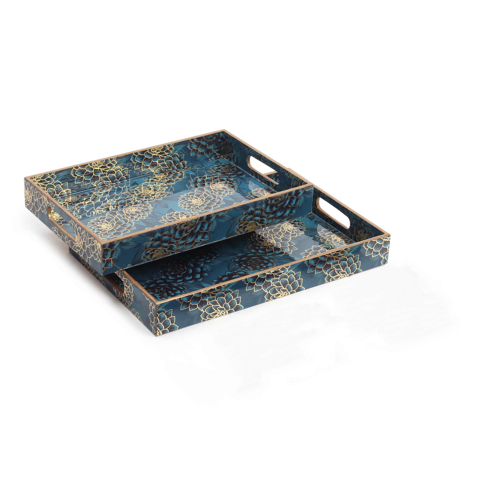 Ivory Noir Bloom Tray in Dark Blue Set of 2