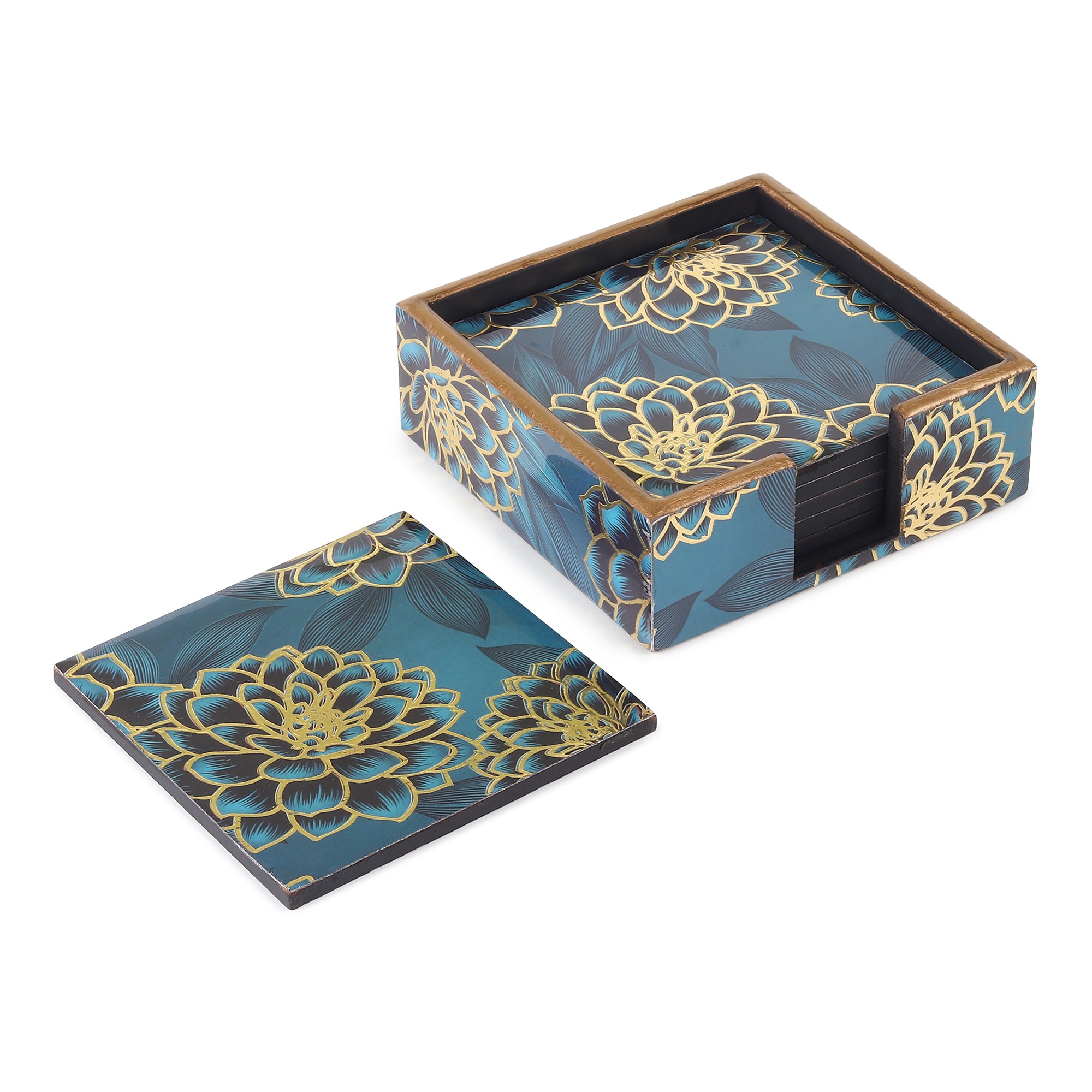 Sapphire Wreath Wooden Coaster with Stand (Set of 6)