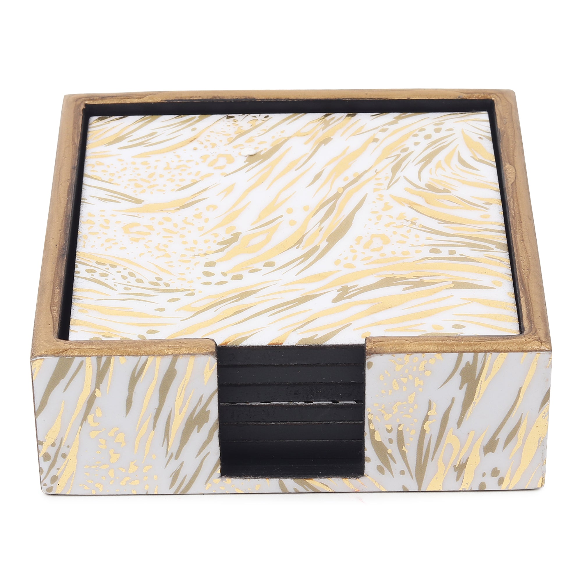 Zivra Gold Wooden Coaster with Stand (Set of 6)