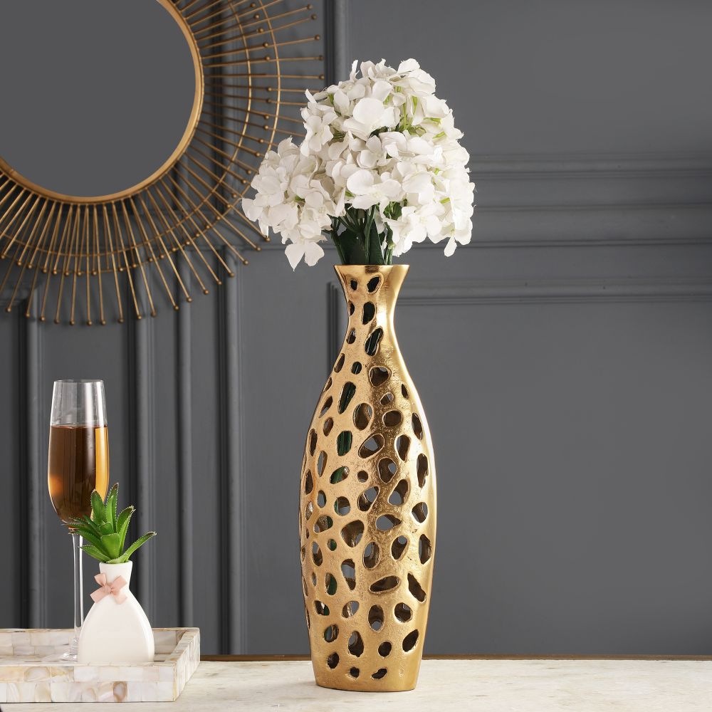 Sophia Floral Vase Large In Raw Gold Finish