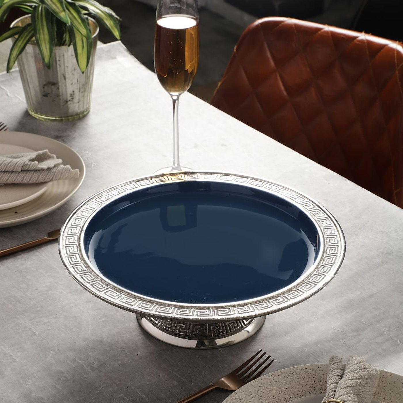 Versace Design Cake Stand in Blue Enamel & Silver Finish