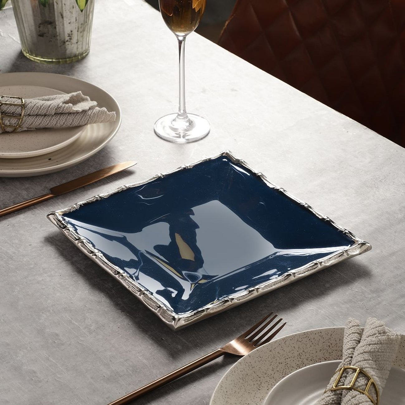 Alf Vine Square Tray Platter In Blue Enamle Silver Finish