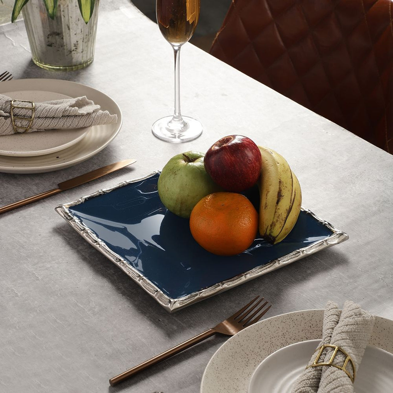 Alf Vine Square Tray Platter In Blue Enamle Silver Finish