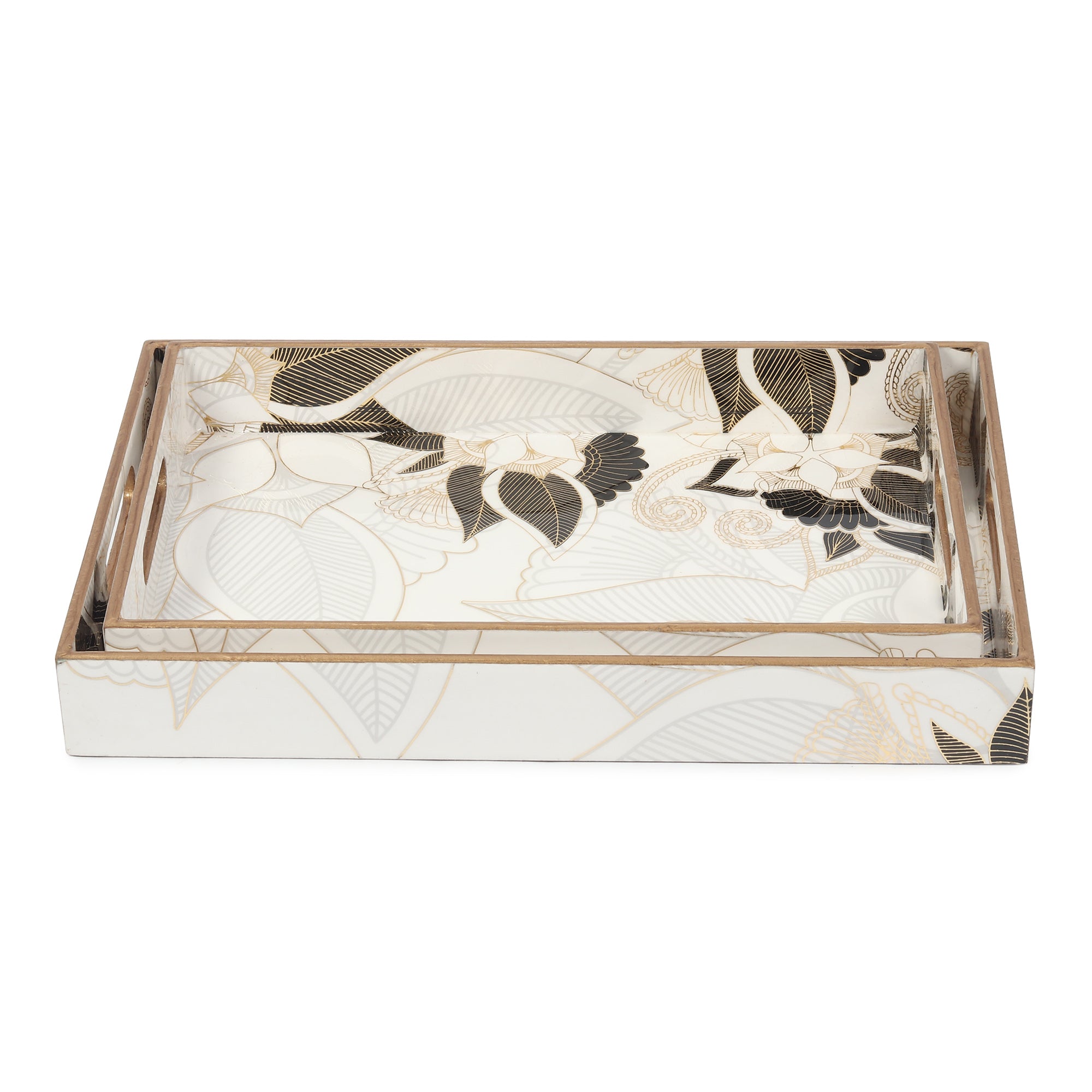 Ivory Noir Bloom Tray in white Set of 2