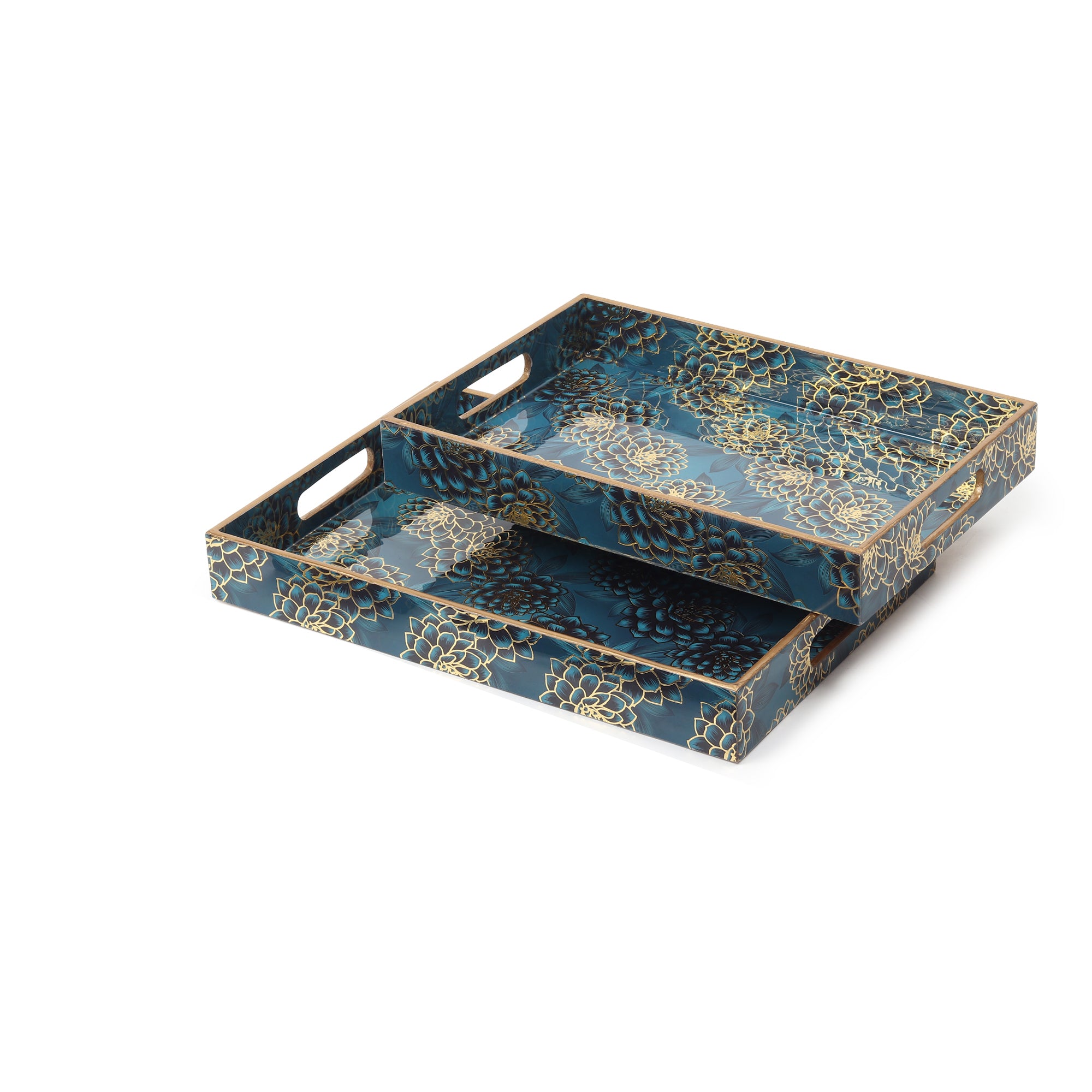 Ivory Noir Bloom Tray in Dark Blue Set of 2