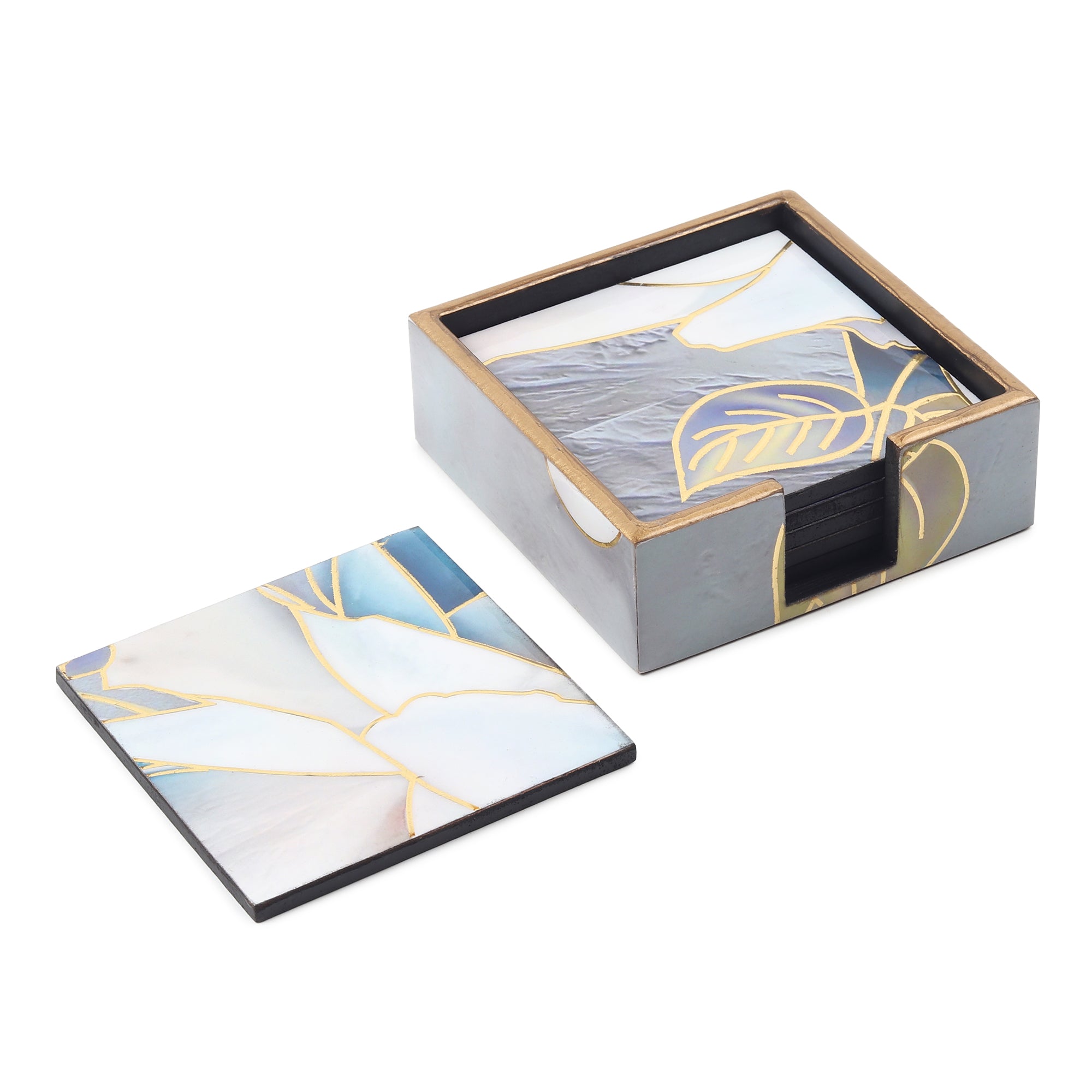 Azure Whisper Wooden Coaster with Stand (Set of 6)