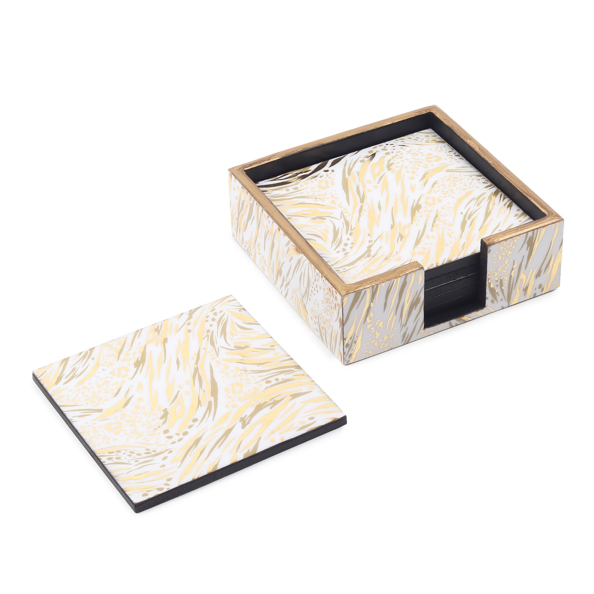 Zivra Gold Wooden Coaster with Stand (Set of 6)