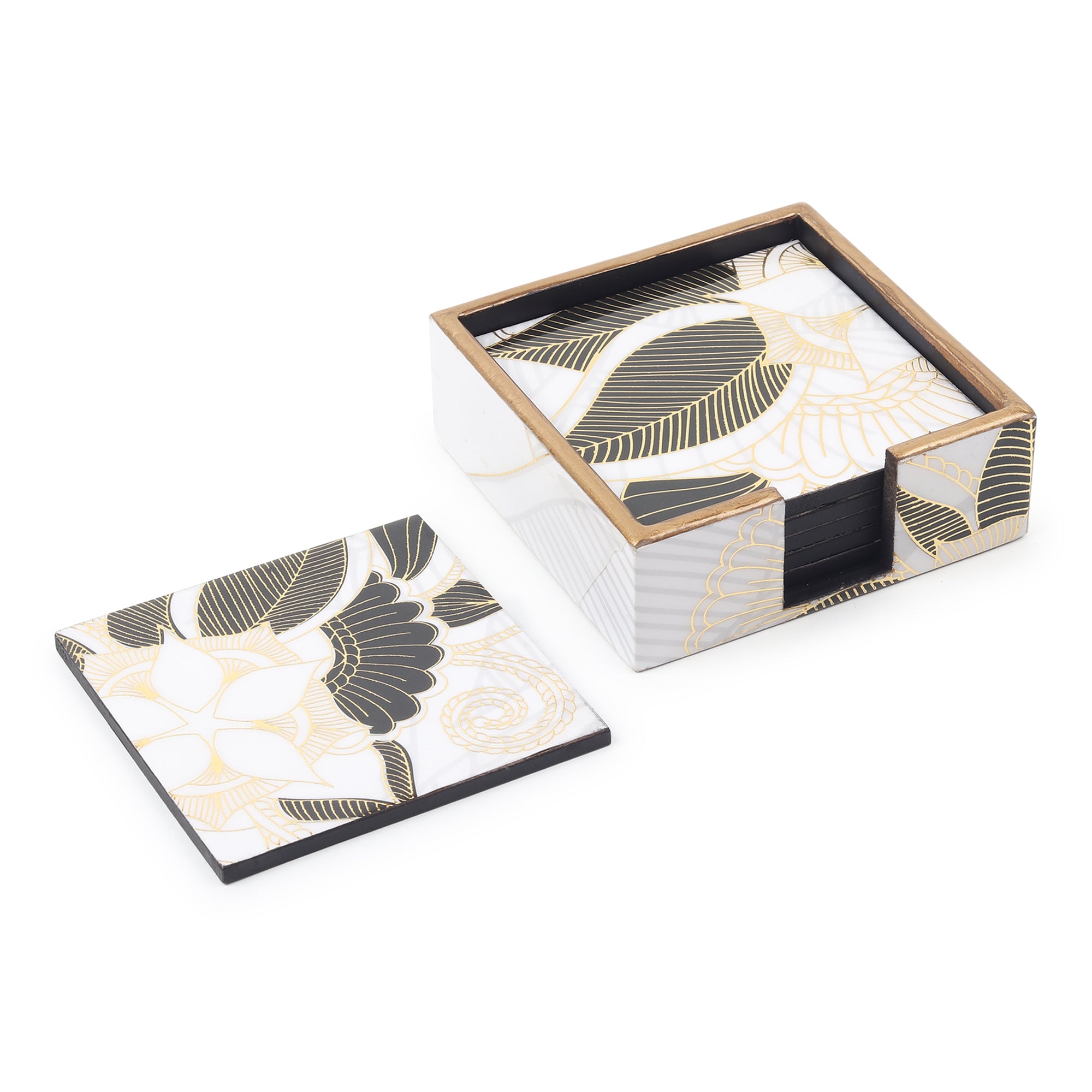 Ivory Noir Bloom Wooden Coaster with Stand (Set of 6)
