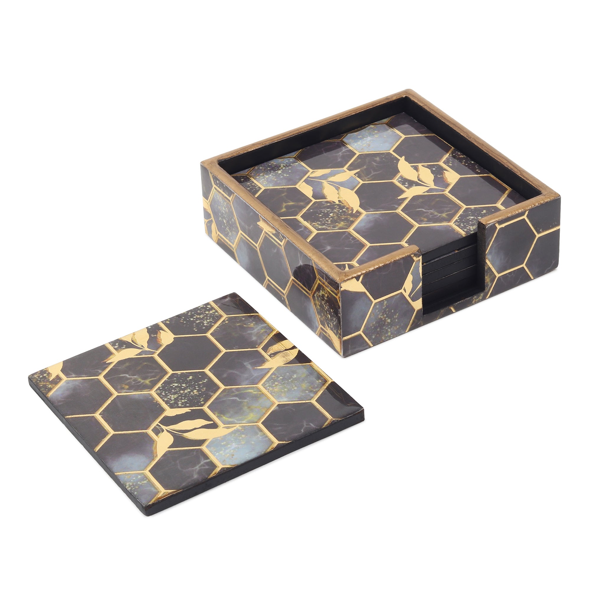 Gilded Hive Wooden Coaster with Stand Set of 6