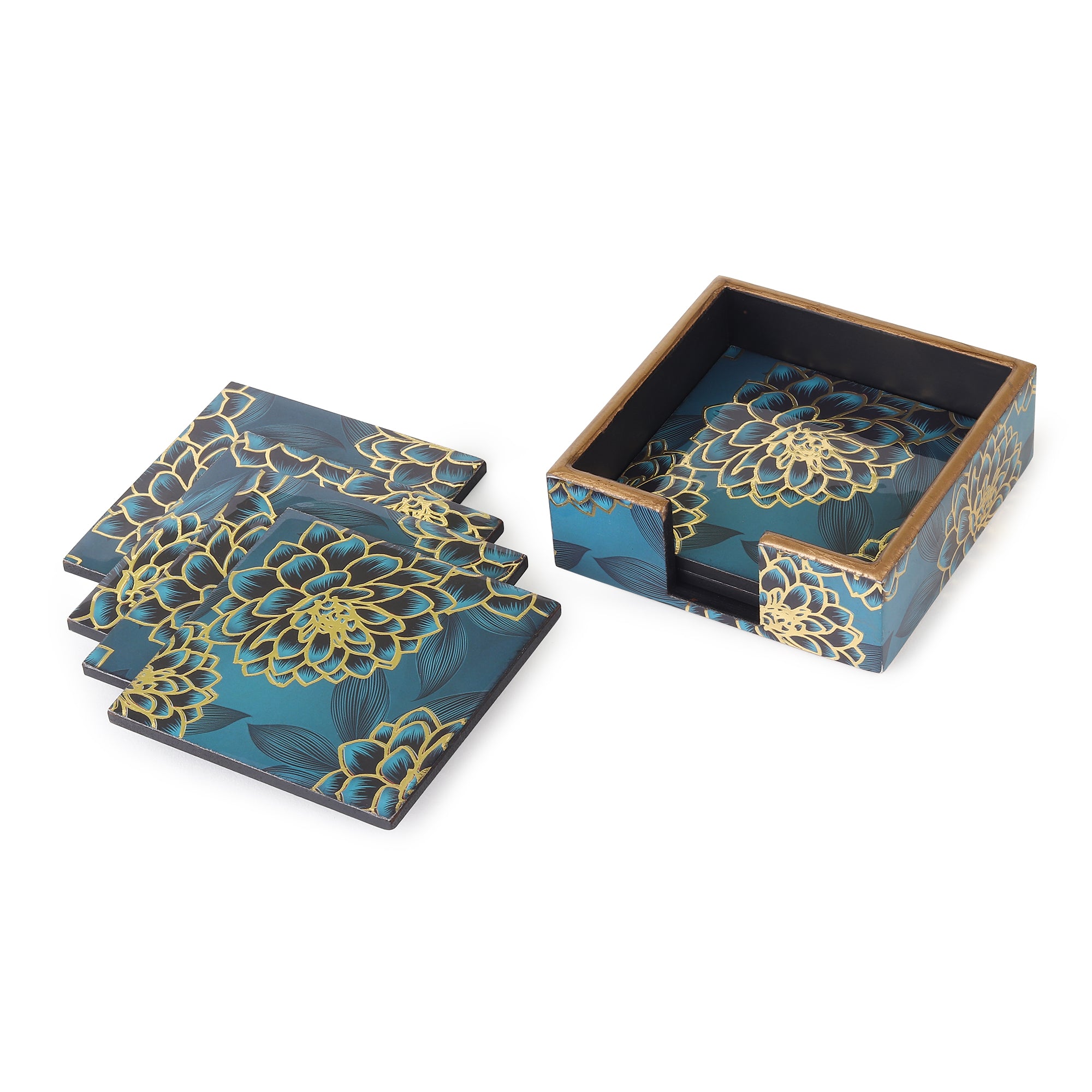 Sapphire Wreath Wooden Coaster with Stand (Set of 6)