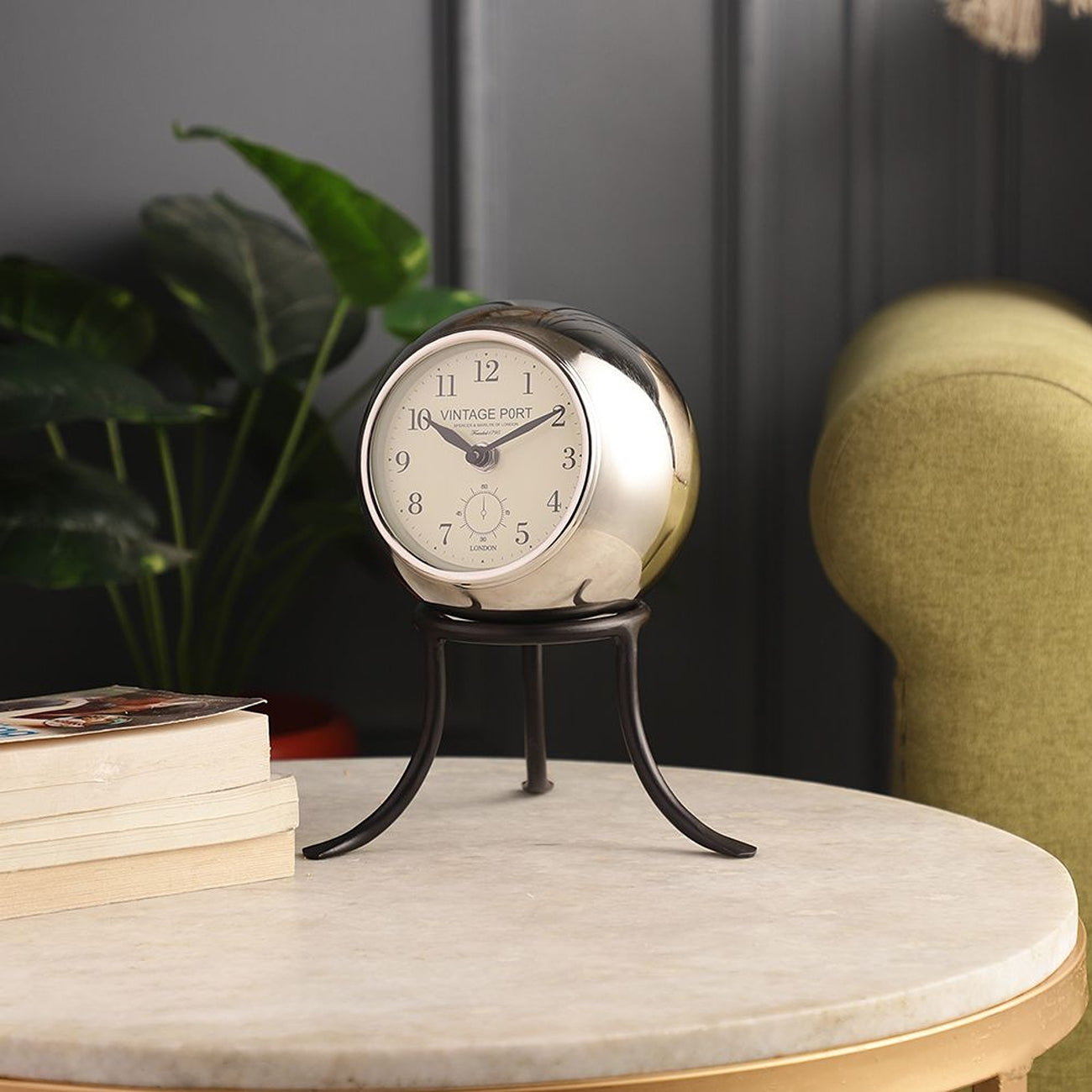 Seated Sphere Table Clock in Silver & Black Colour