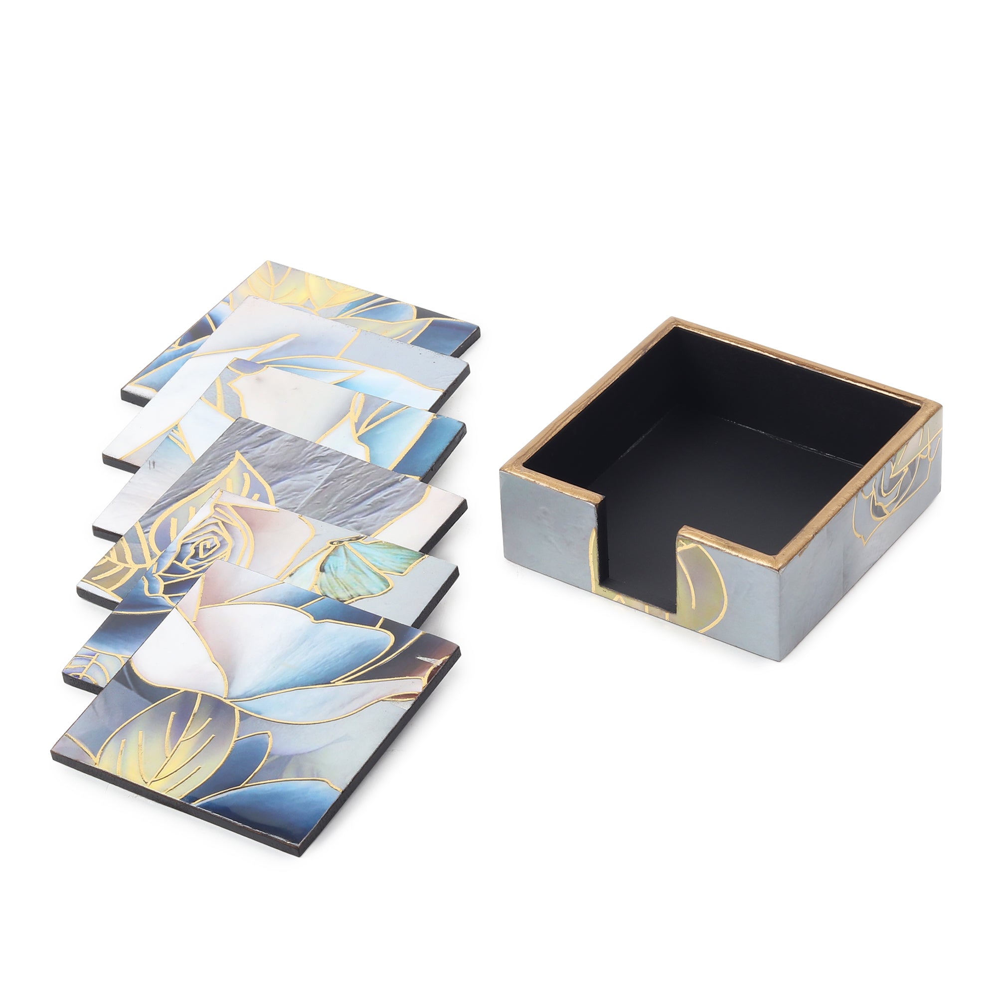 Azure Whisper Wooden Coaster with Stand (Set of 6)
