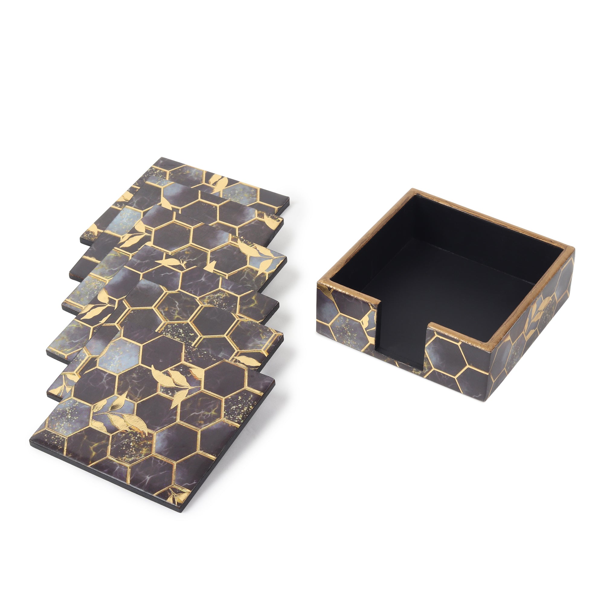 Gilded Hive Wooden Coaster with Stand Set of 6
